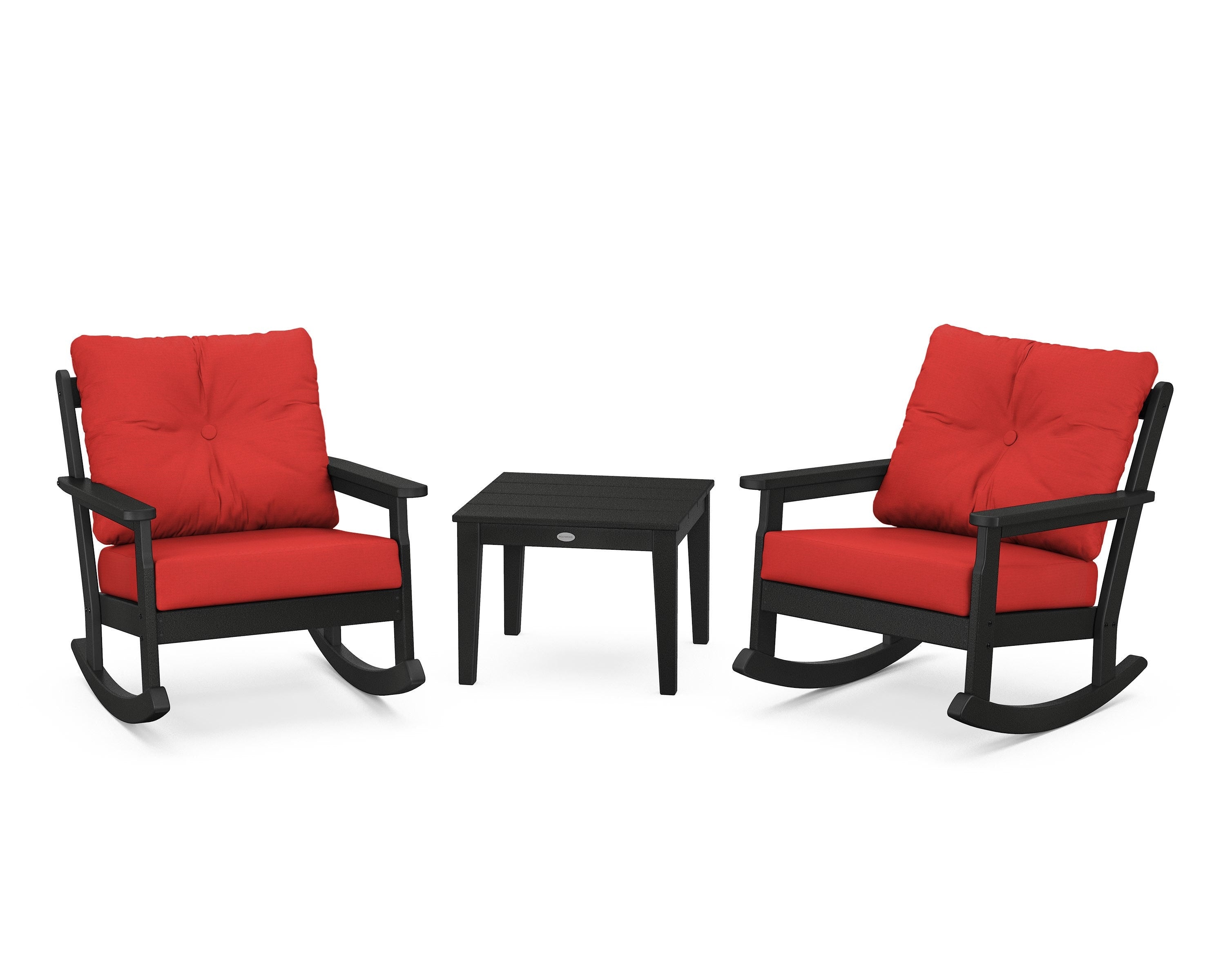 POLYWOOD® Vineyard 3-Piece Deep Seating Rocker Set in Black / Crimson Linen