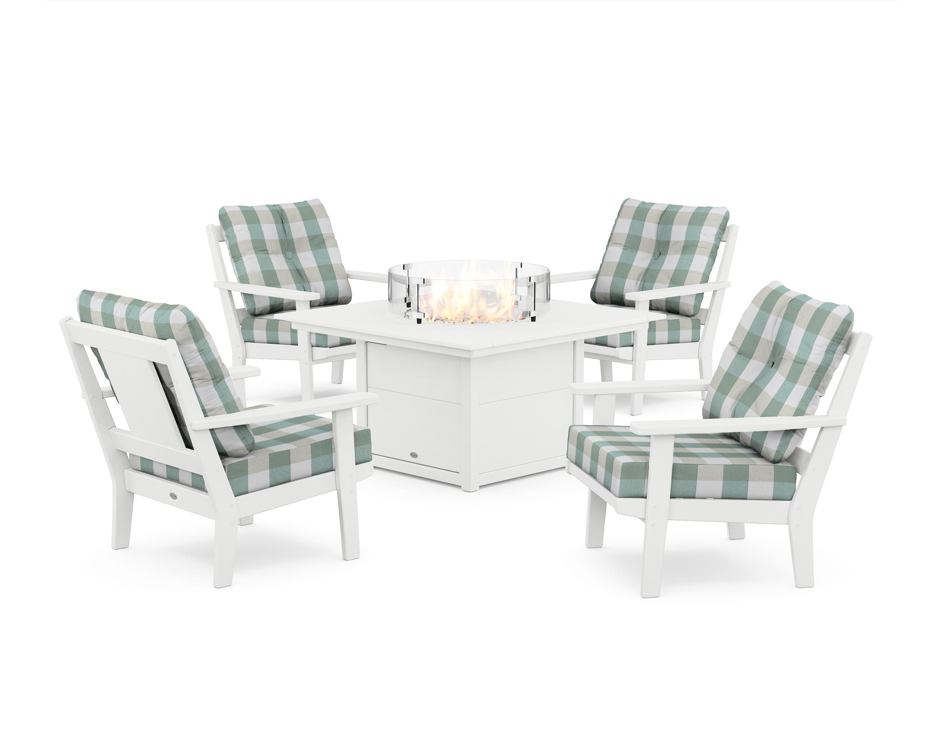 POLYWOOD® Prairie 5-Piece Deep Seating Set with Fire Pit Table in White / Buffalo Plaid Glacier Spa