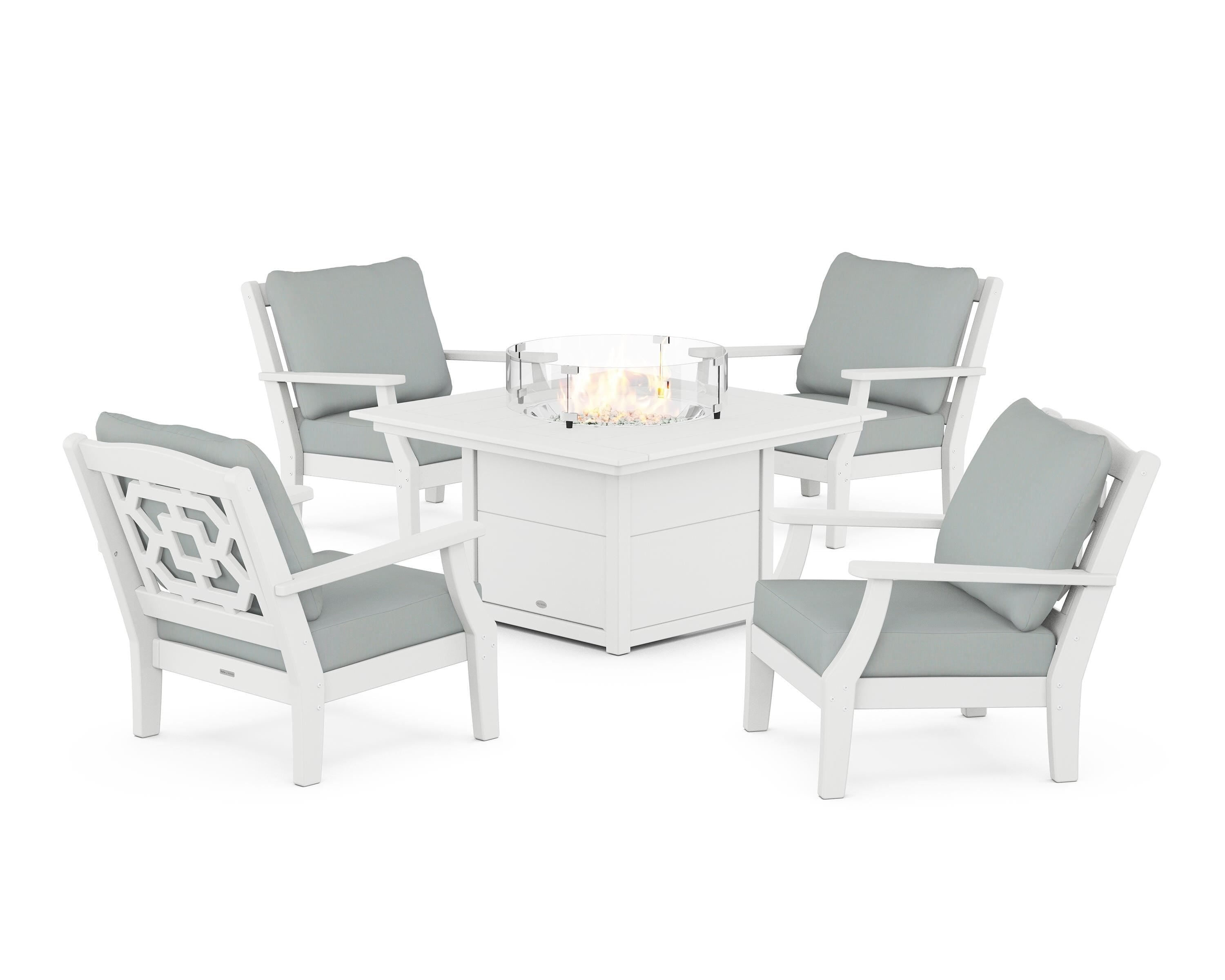 Martha Stewart by POLYWOOD® Chinoiserie 5-Piece Deep Seating Set with Fire Pit Table in White / Spa