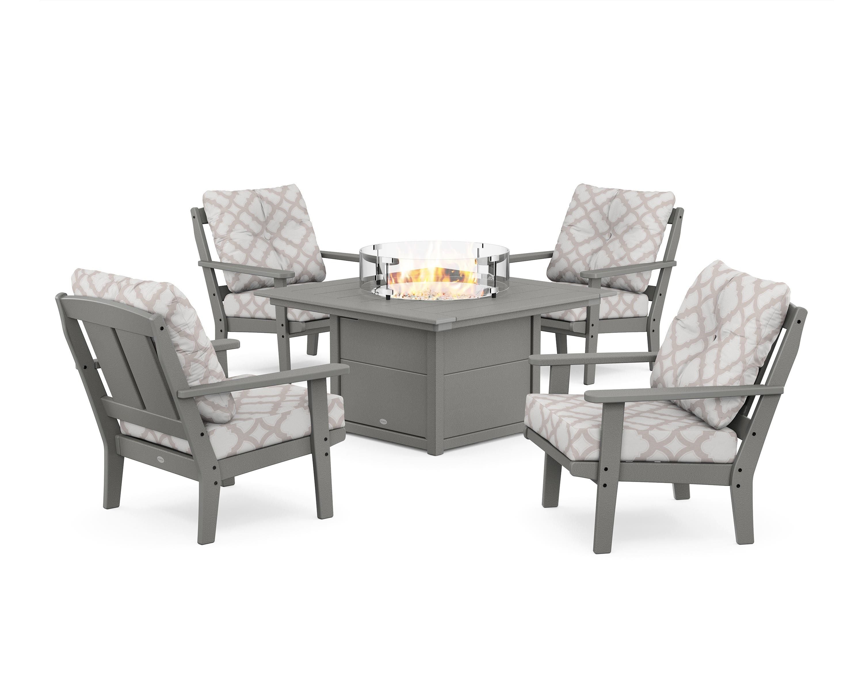 POLYWOOD® Mission 5-Piece Deep Seating Set with Fire Pit Table in Slate Grey / Trellis Dune Burlap