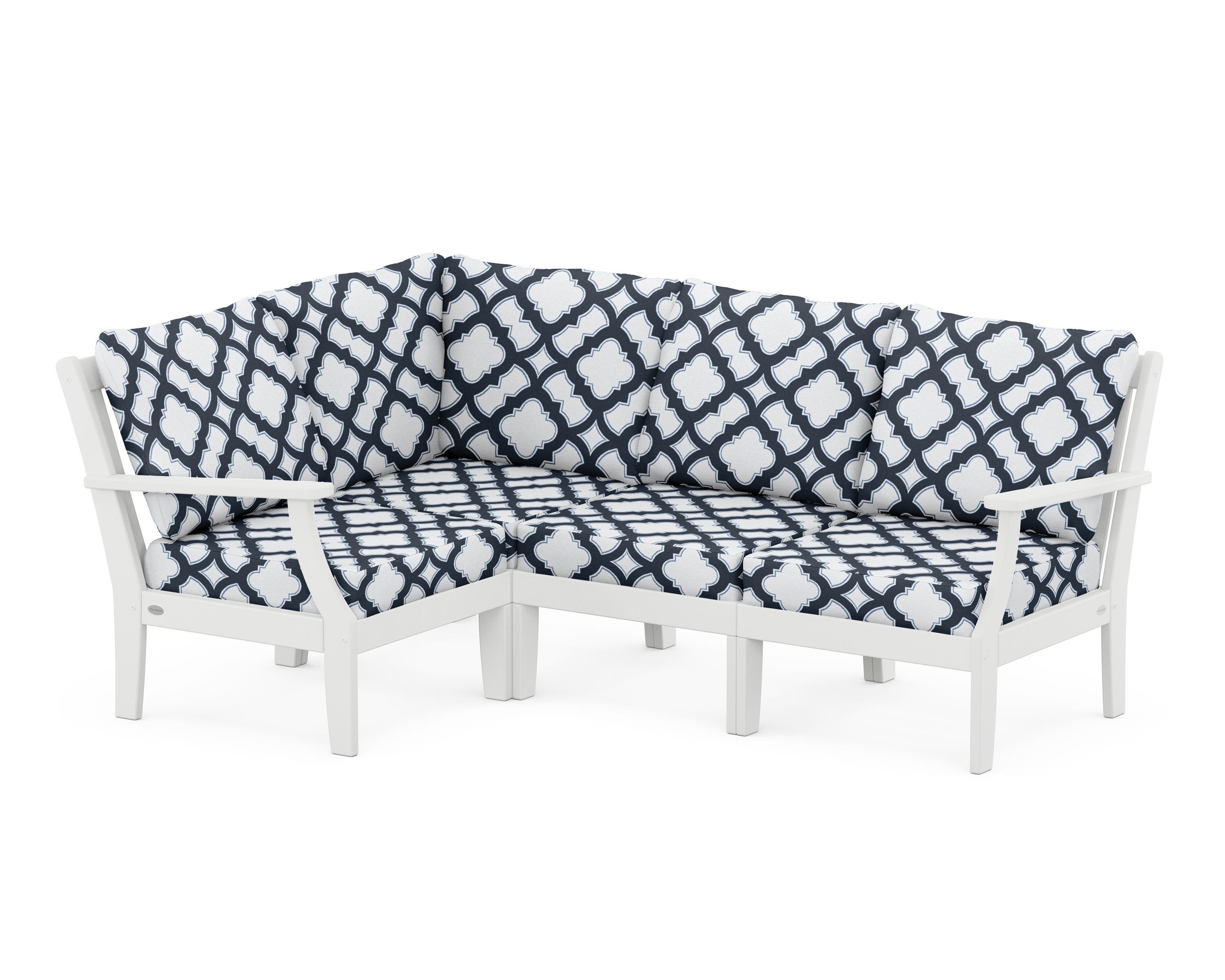 POLYWOOD® Braxton Modular 4-Piece Deep Seating Set in White / Trellis Marine Indigo