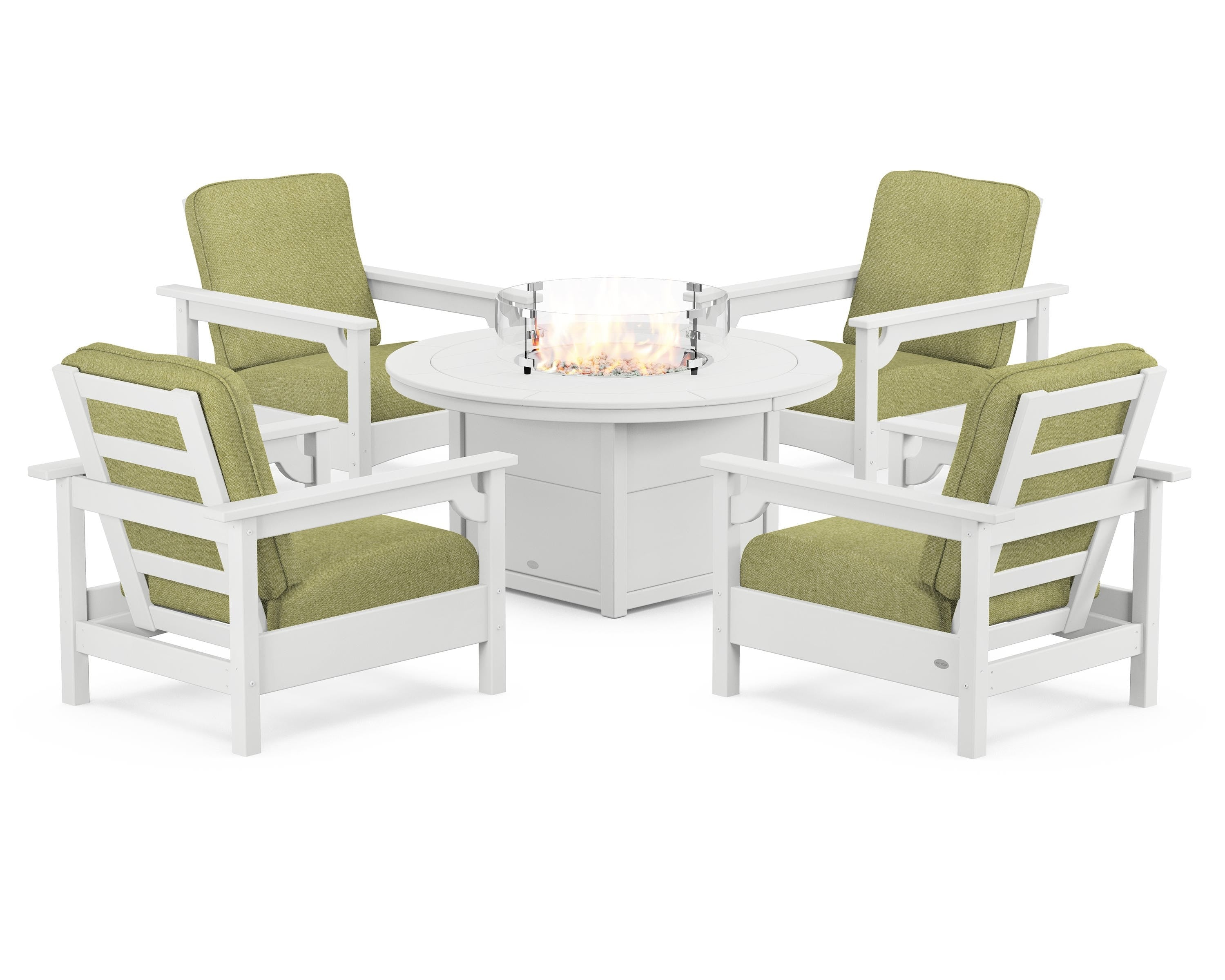 POLYWOOD® Club 5-Piece Conversation Set with Fire Pit Table in White / Chartreuse Boucle