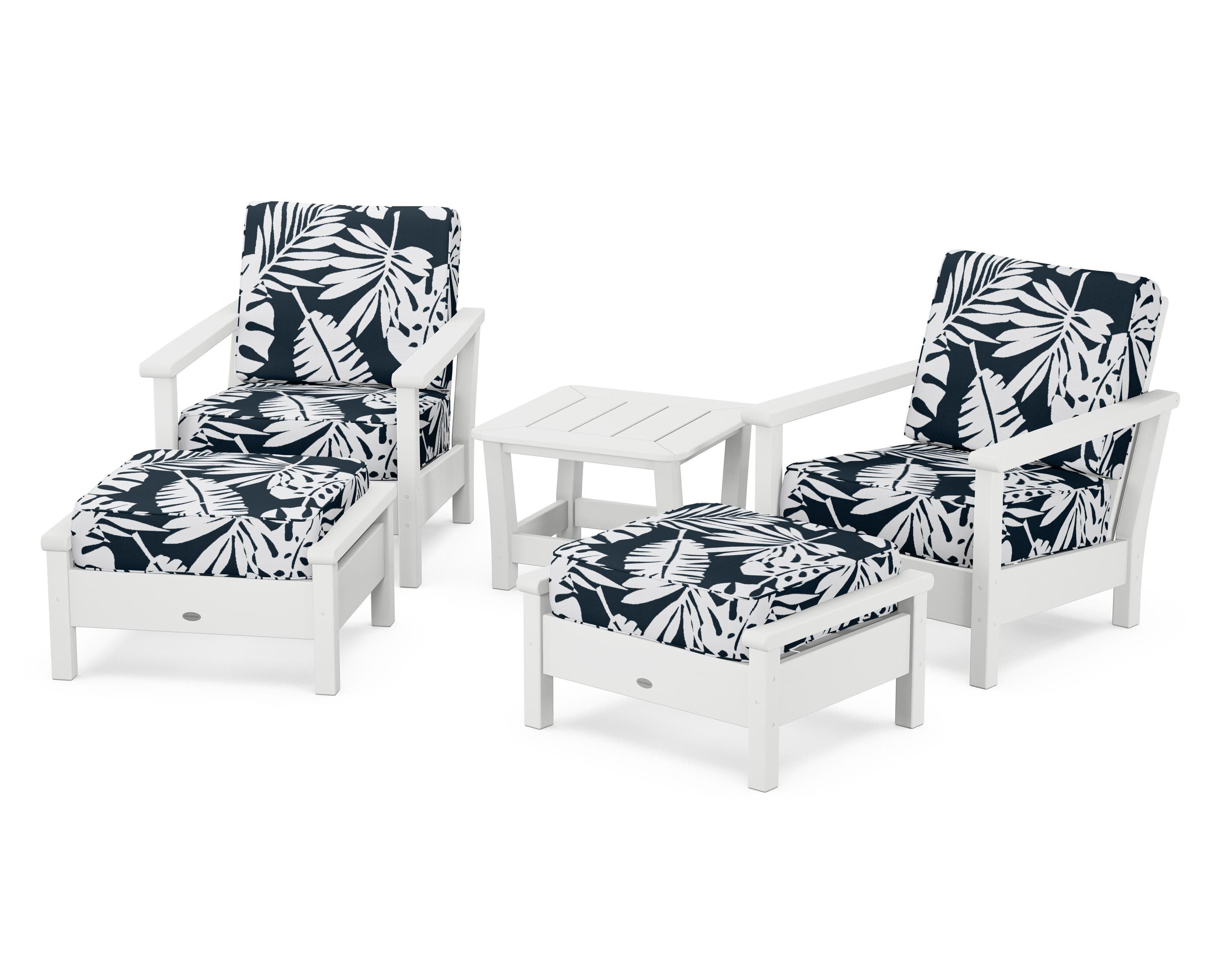 POLYWOOD® Harbour 5-Piece Deep Seating Chair Set in White / Leaf Marine Indigo