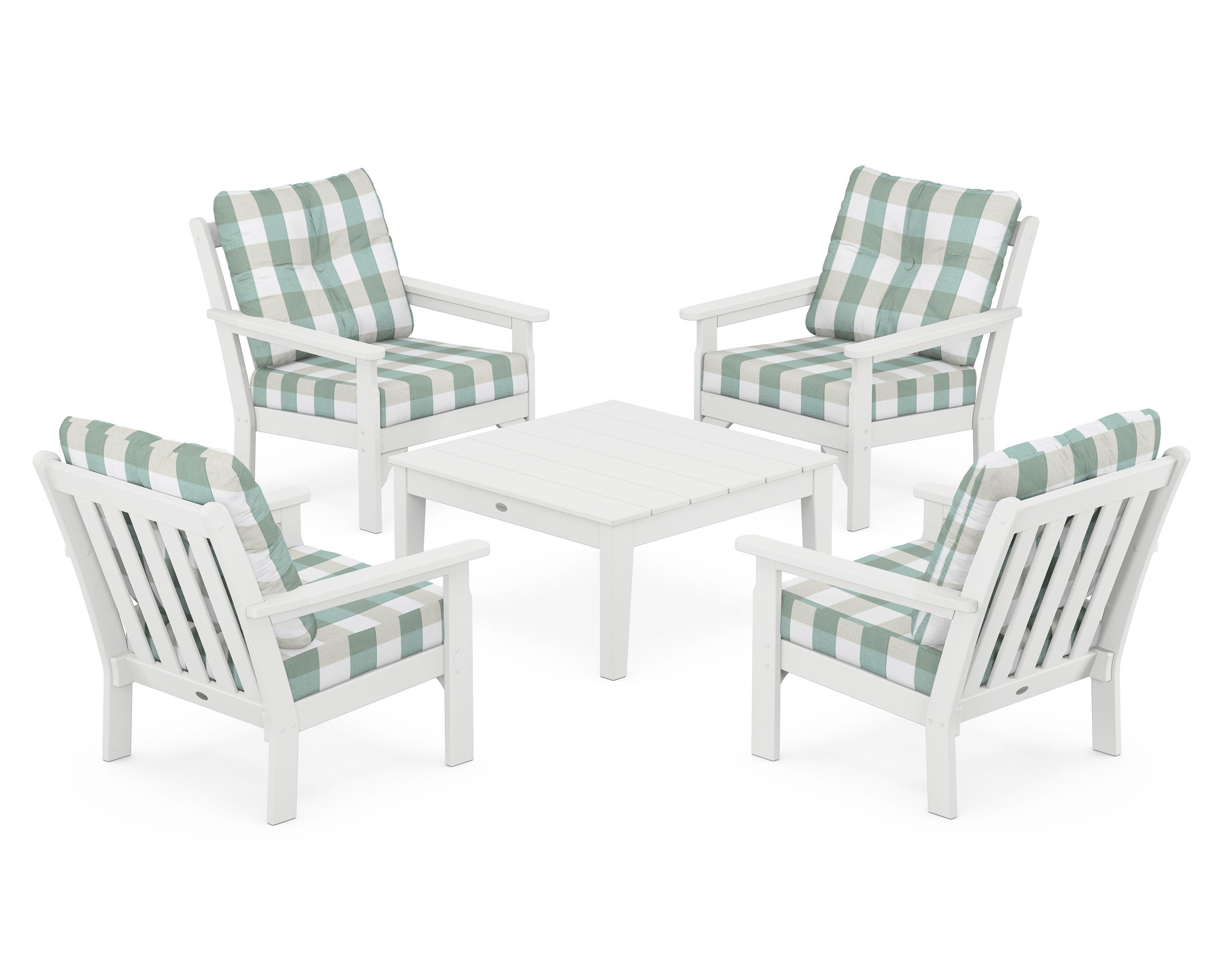 POLYWOOD® Vineyard 5-Piece Deep Seating Conversation Set in White / Buffalo Plaid Glacier Spa