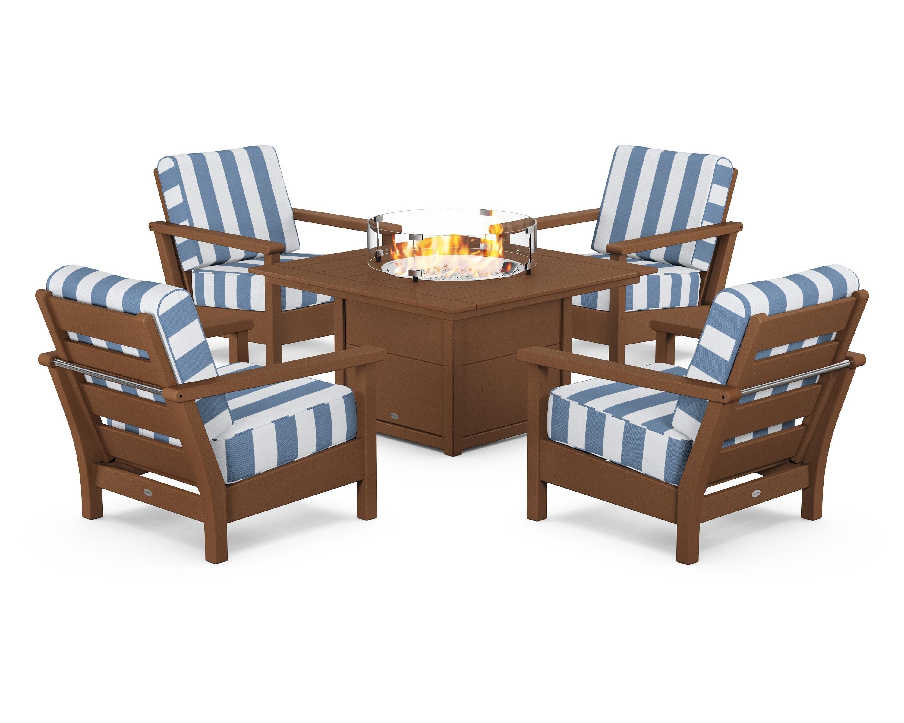 POLYWOOD® Harbour 5-Piece Conversation Set with Fire Pit Table in Teak / Cabana Stripe Sky Blue