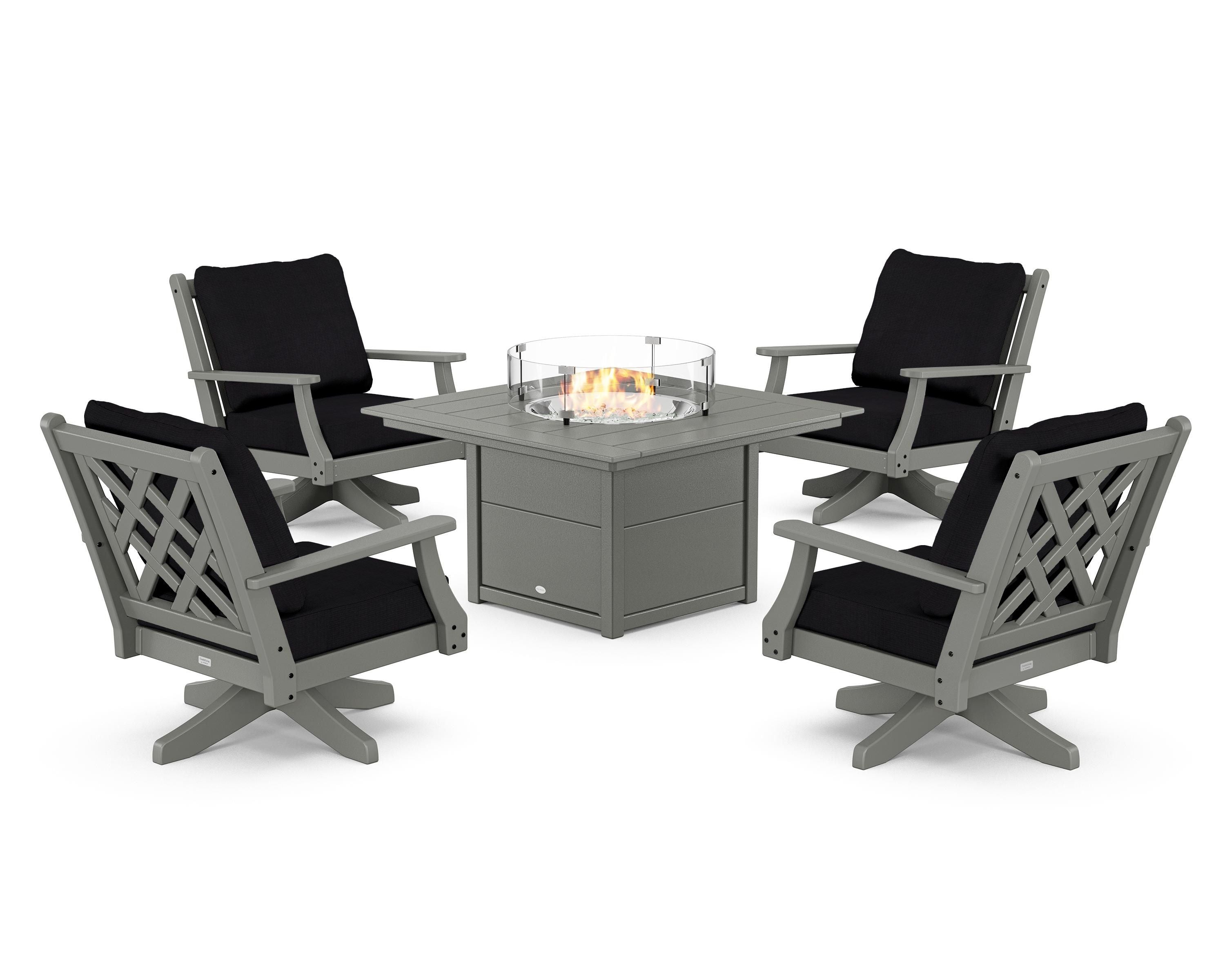 Country Living Wovendale 5-Piece Deep Seating Swivel Conversation Set with Fire Pit Table in Slate Grey / Midnight Linen