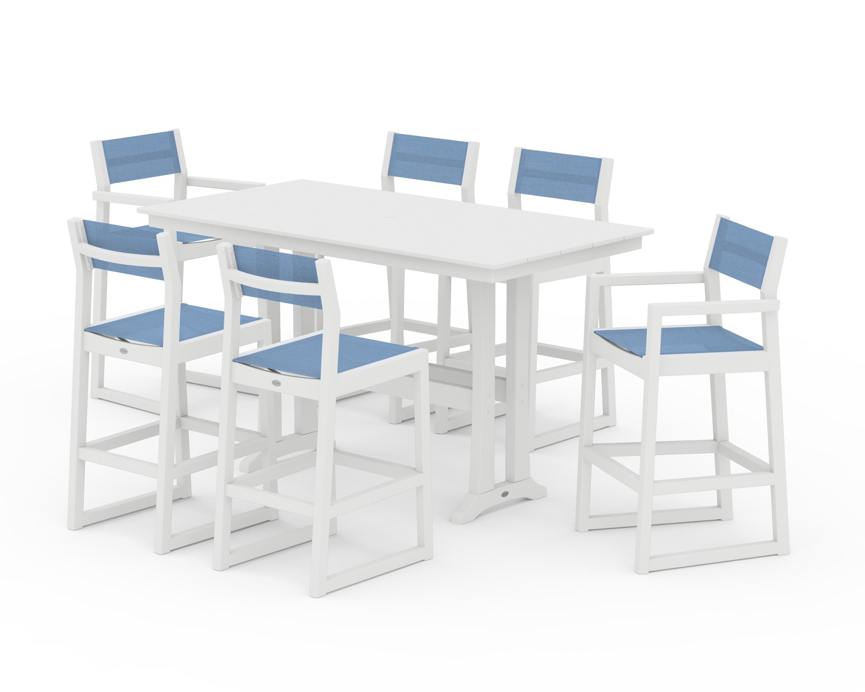 POLYWOOD® EDGE Sling 7-Piece Farmhouse Bar Set with Trestle Legs in White / Poolside Sling