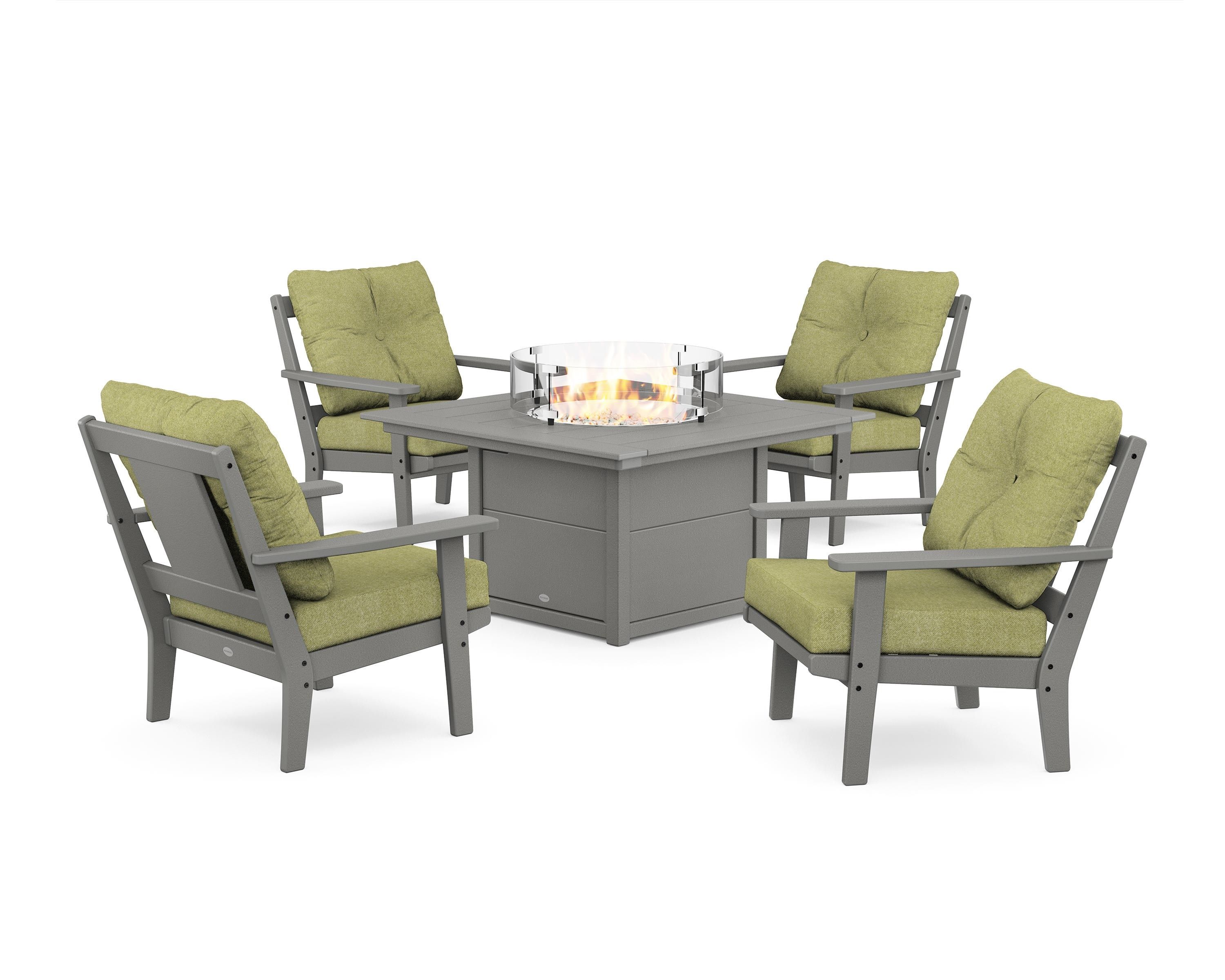 POLYWOOD® Prairie 5-Piece Deep Seating Set with Fire Pit Table in Slate Grey / Chartreuse Boucle