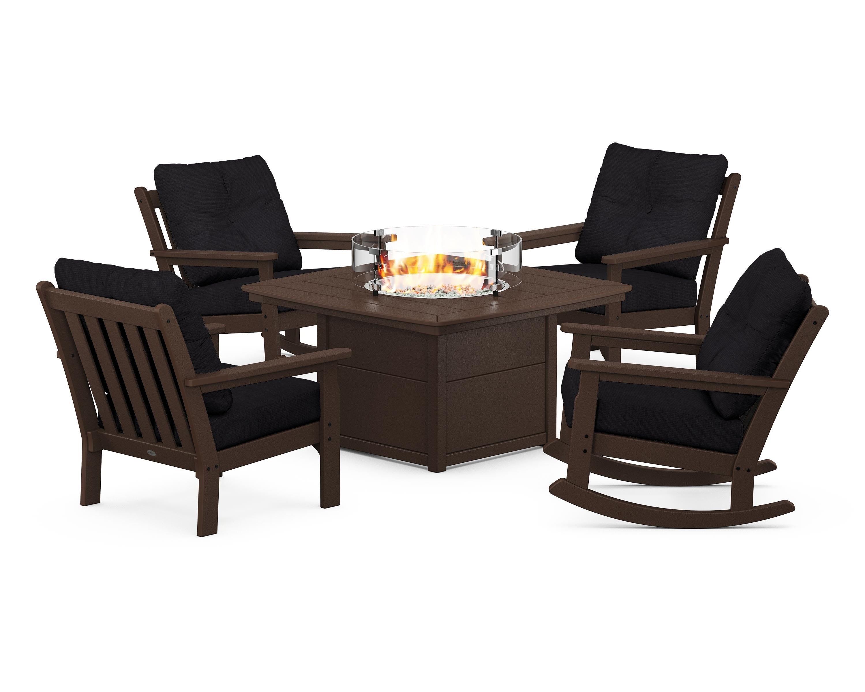 POLYWOOD® Vineyard 5-Piece Deep Seating Rocking Chair Conversation Set with Fire Pit Table in Mahogany / Midnight Linen