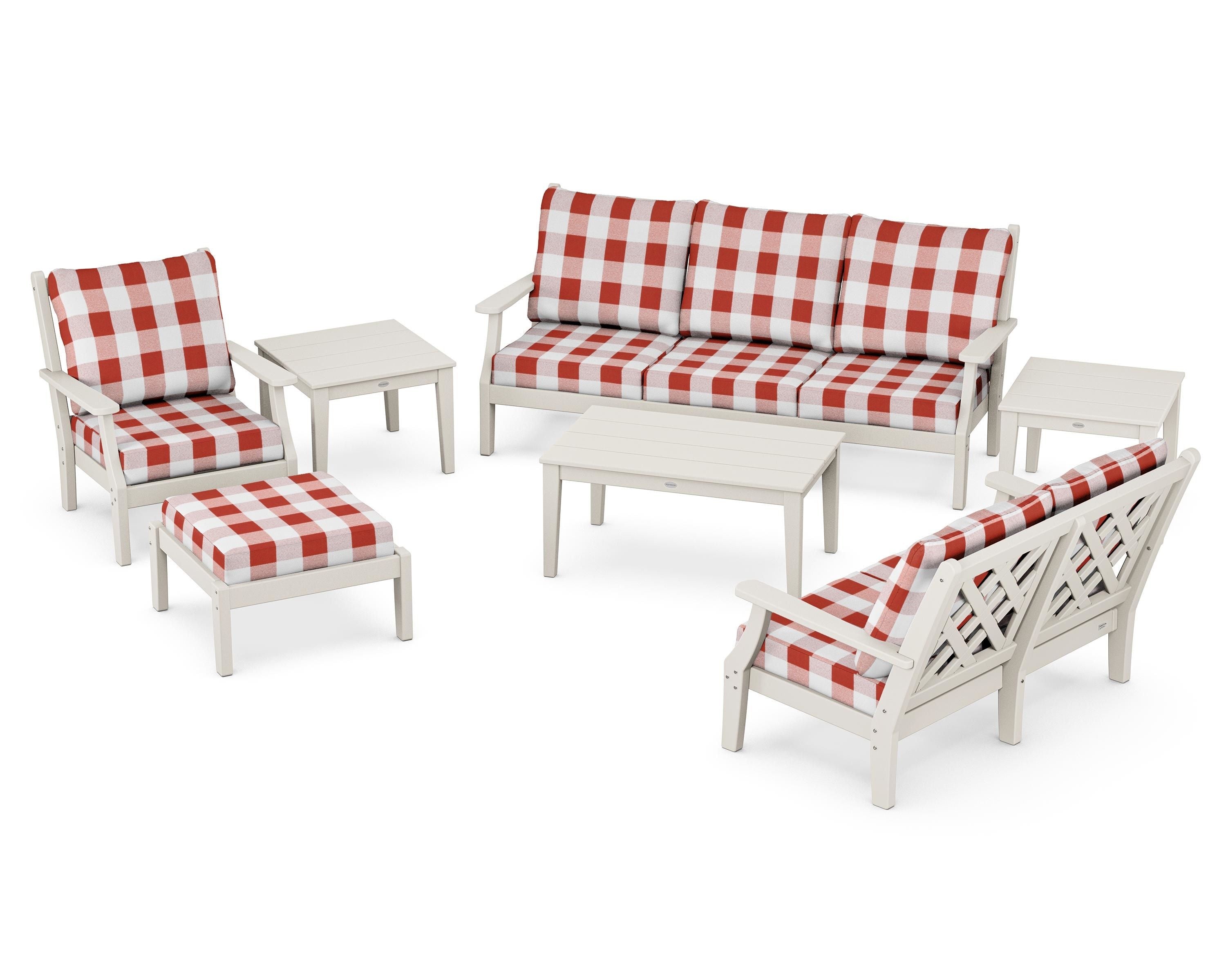 Country Living Wovendale 7-Piece Deep Seating Set in Sand / Buffalo Plaid Crimson