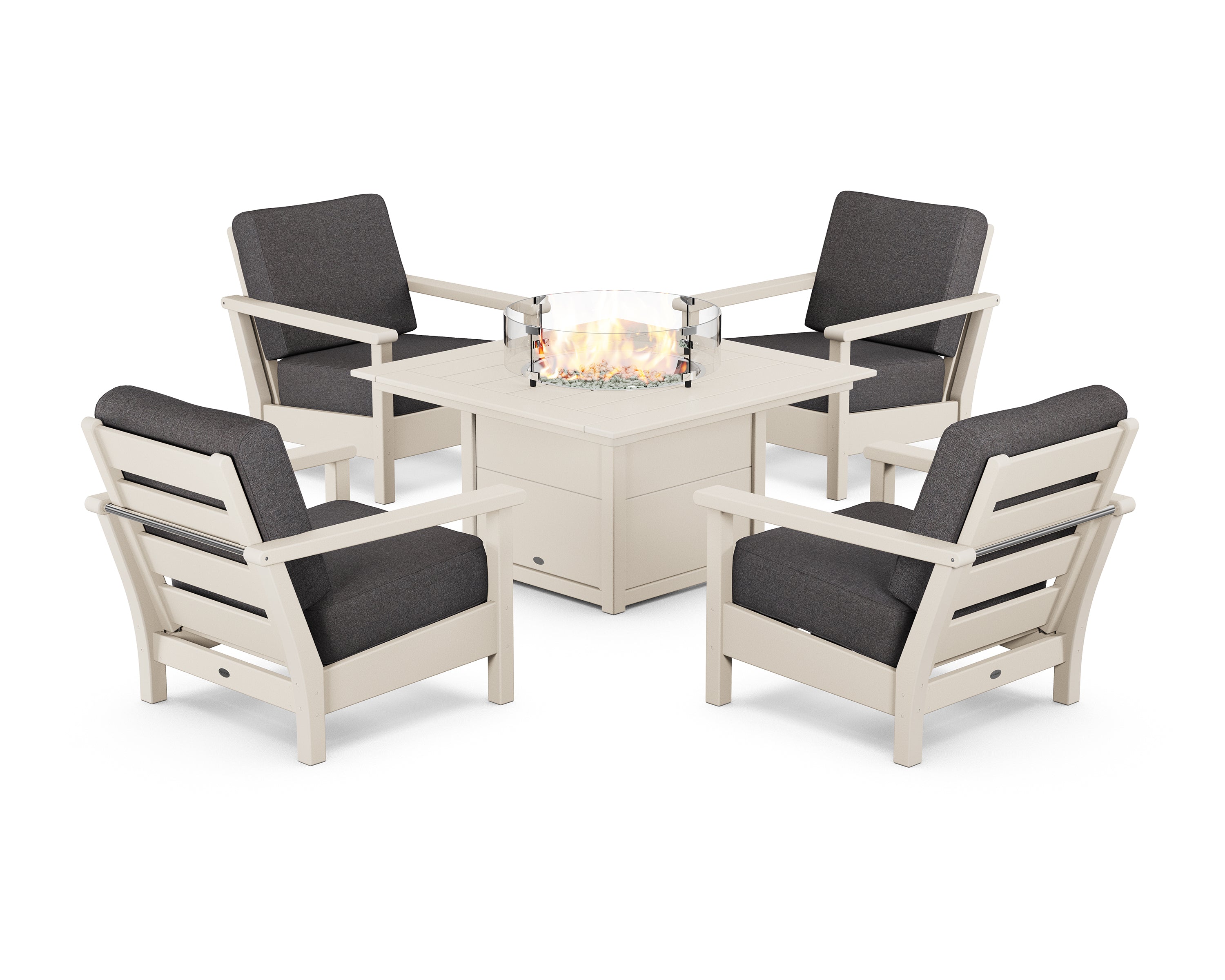 POLYWOOD® Harbour 5-Piece Conversation Set with Fire Pit Table in Sand / Ash Charcoal