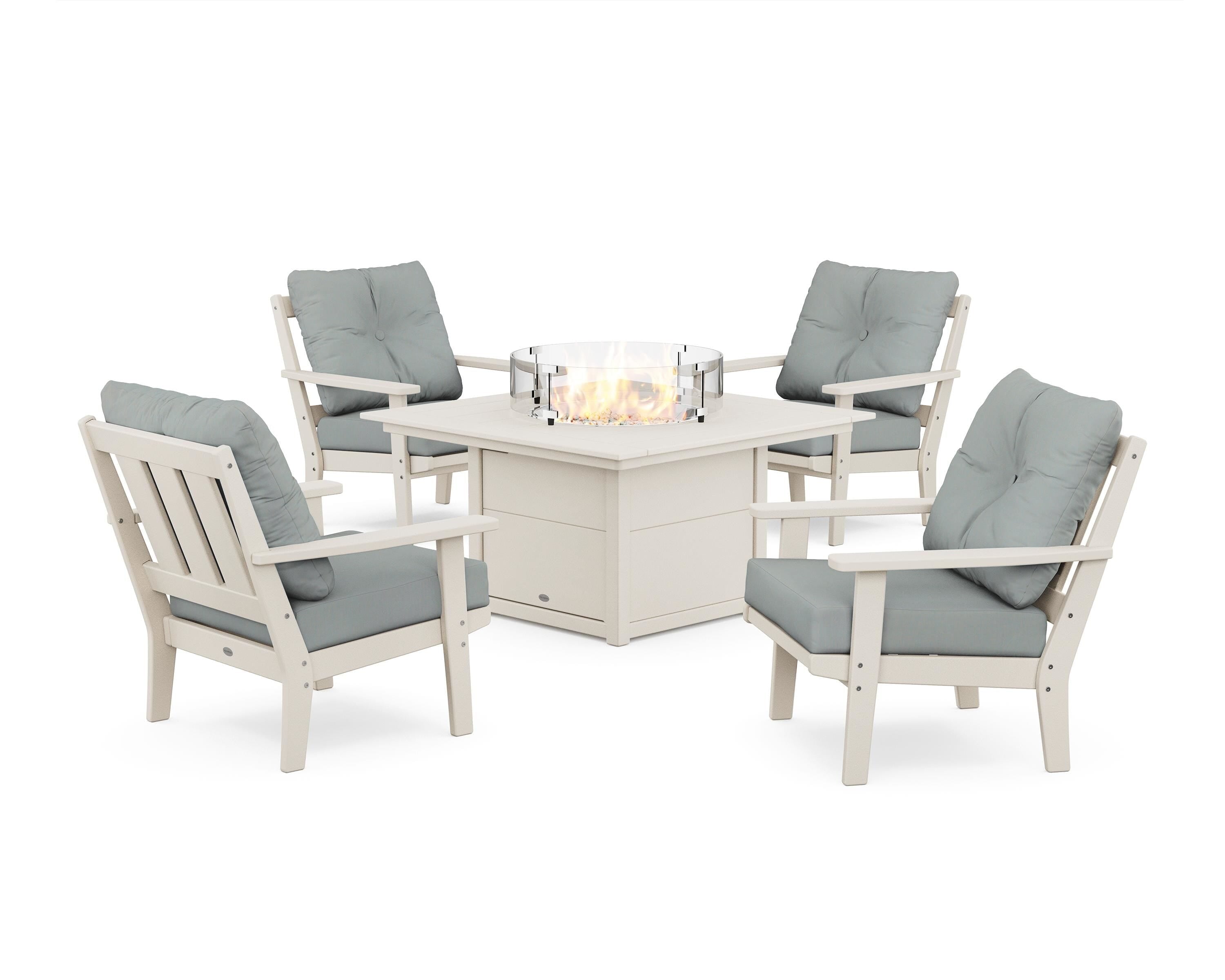POLYWOOD® Oxford 5-Piece Deep Seating Set with Fire Pit Table in Sand / Spa