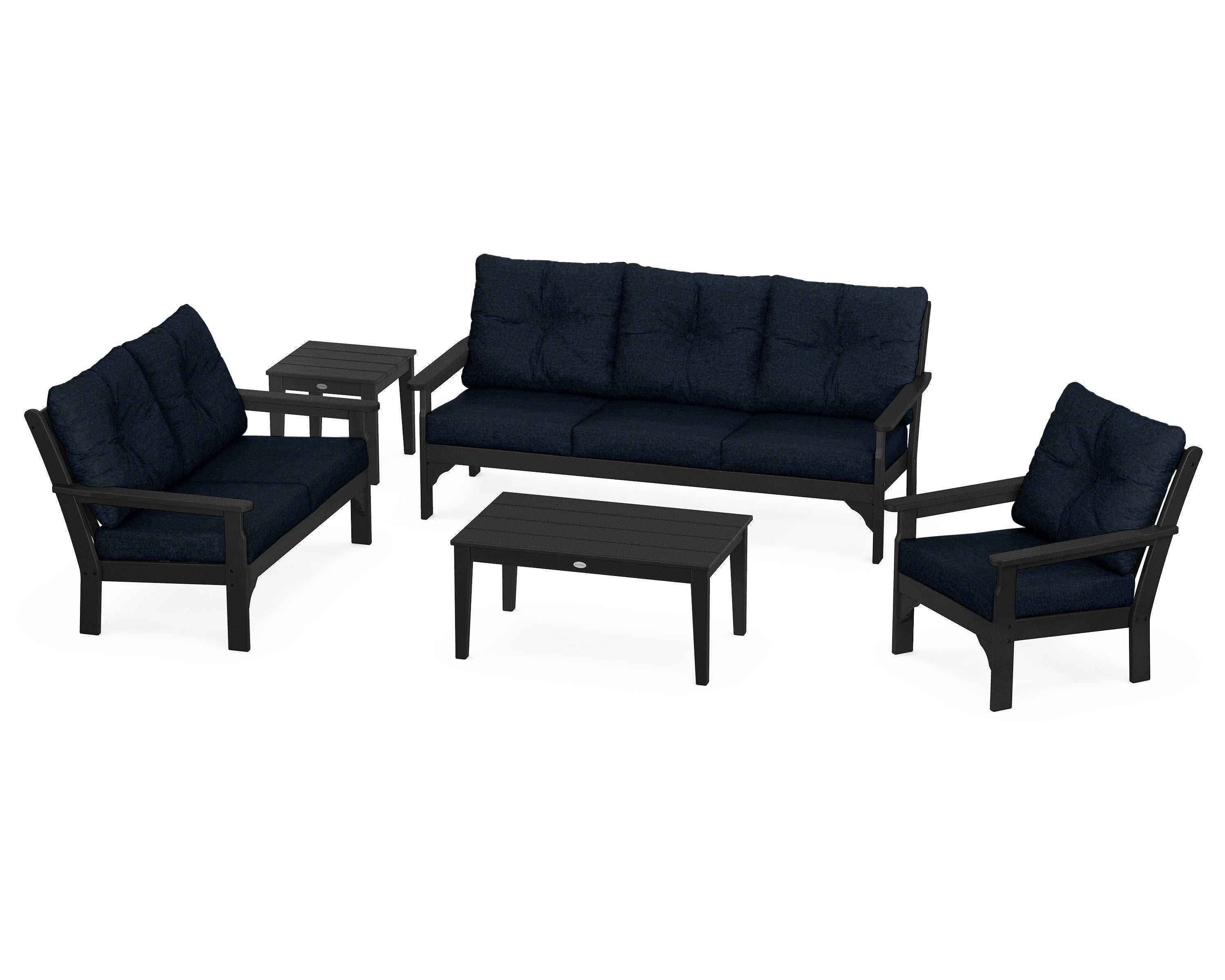 POLYWOOD® Vineyard 5 Piece Deep Seating Set in Black / Marine Indigo