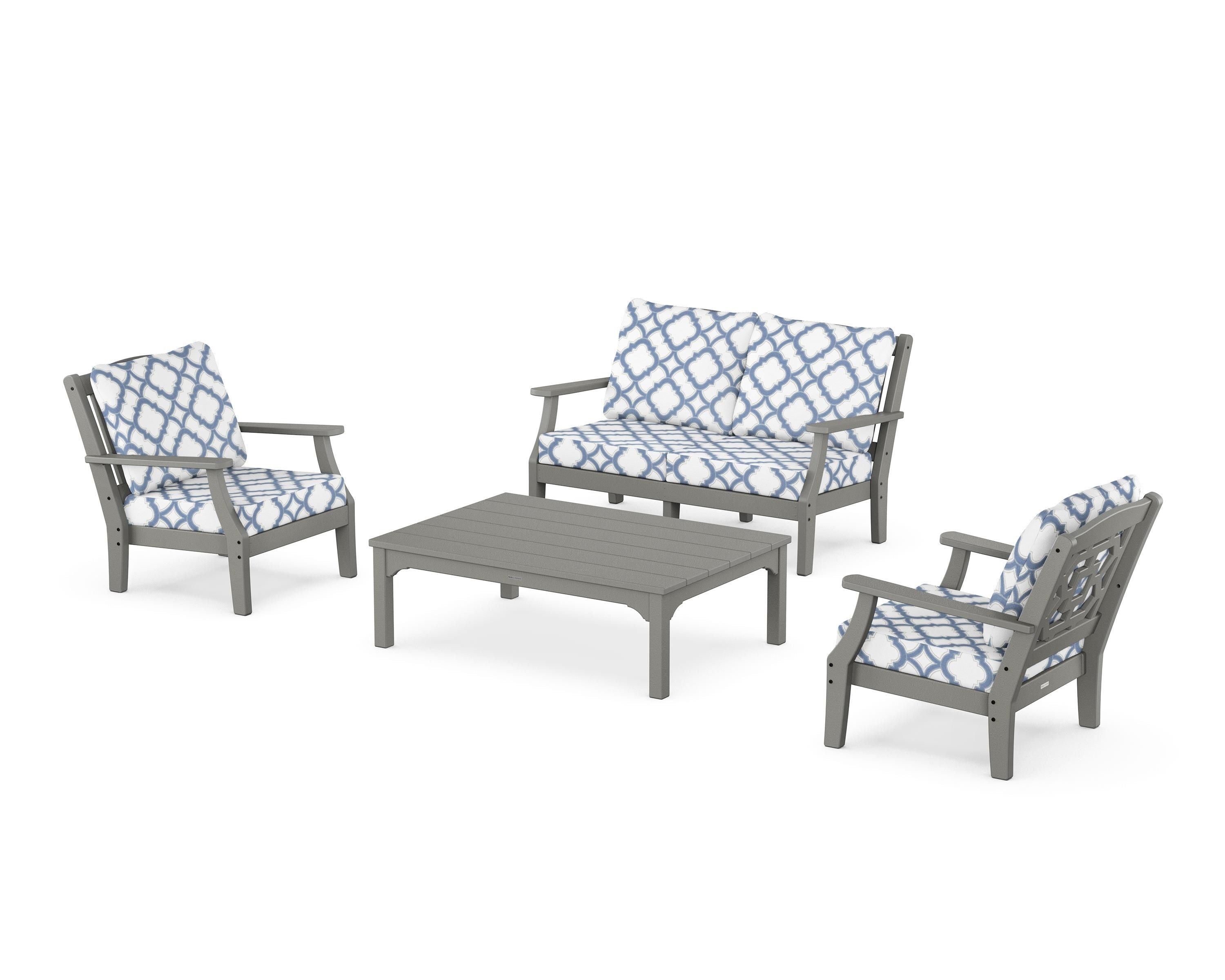 Martha Stewart by POLYWOOD® Chinoiserie 4-Piece Deep Seating Set with Loveseat in Slate Grey / Trellis Sky Blue