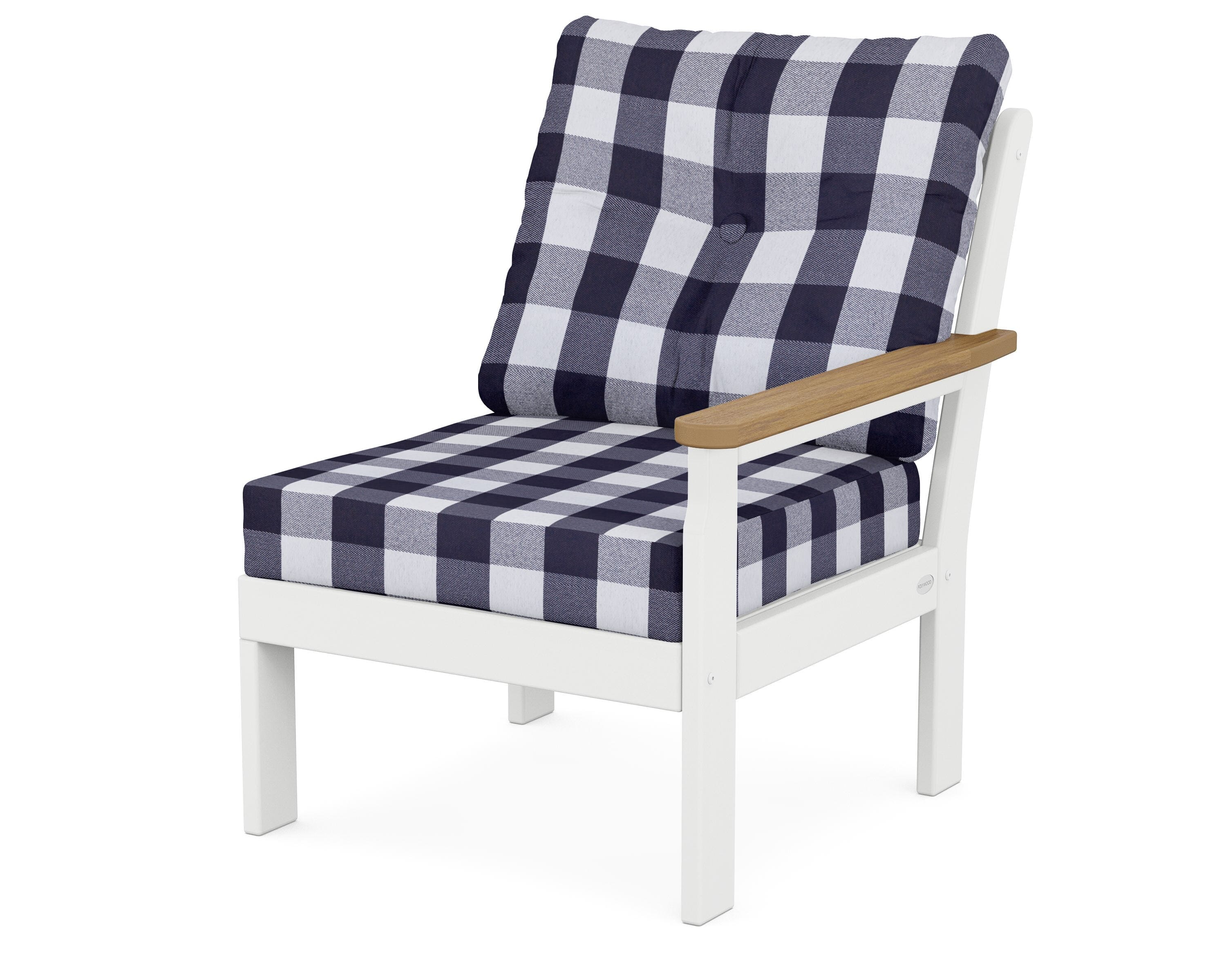 POLYWOOD® Vineyard Modular Right Arm Chair in White / Natural / Buffalo Plaid Navy