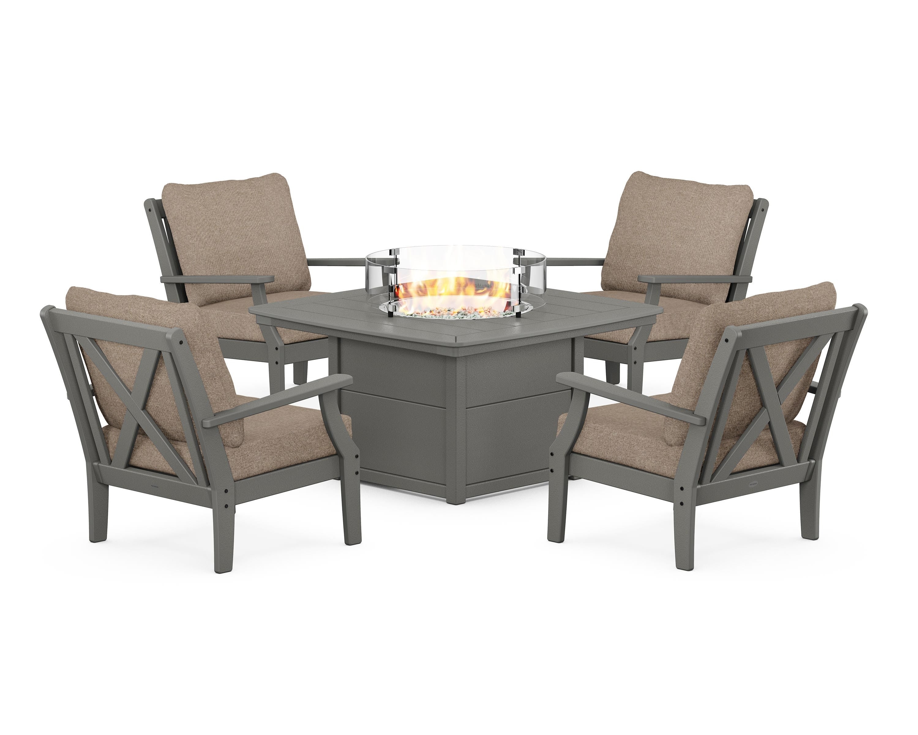 POLYWOOD® Braxton 5-Piece Deep Seating Conversation Set with Fire Pit Table in Slate Grey / Spiced Burlap