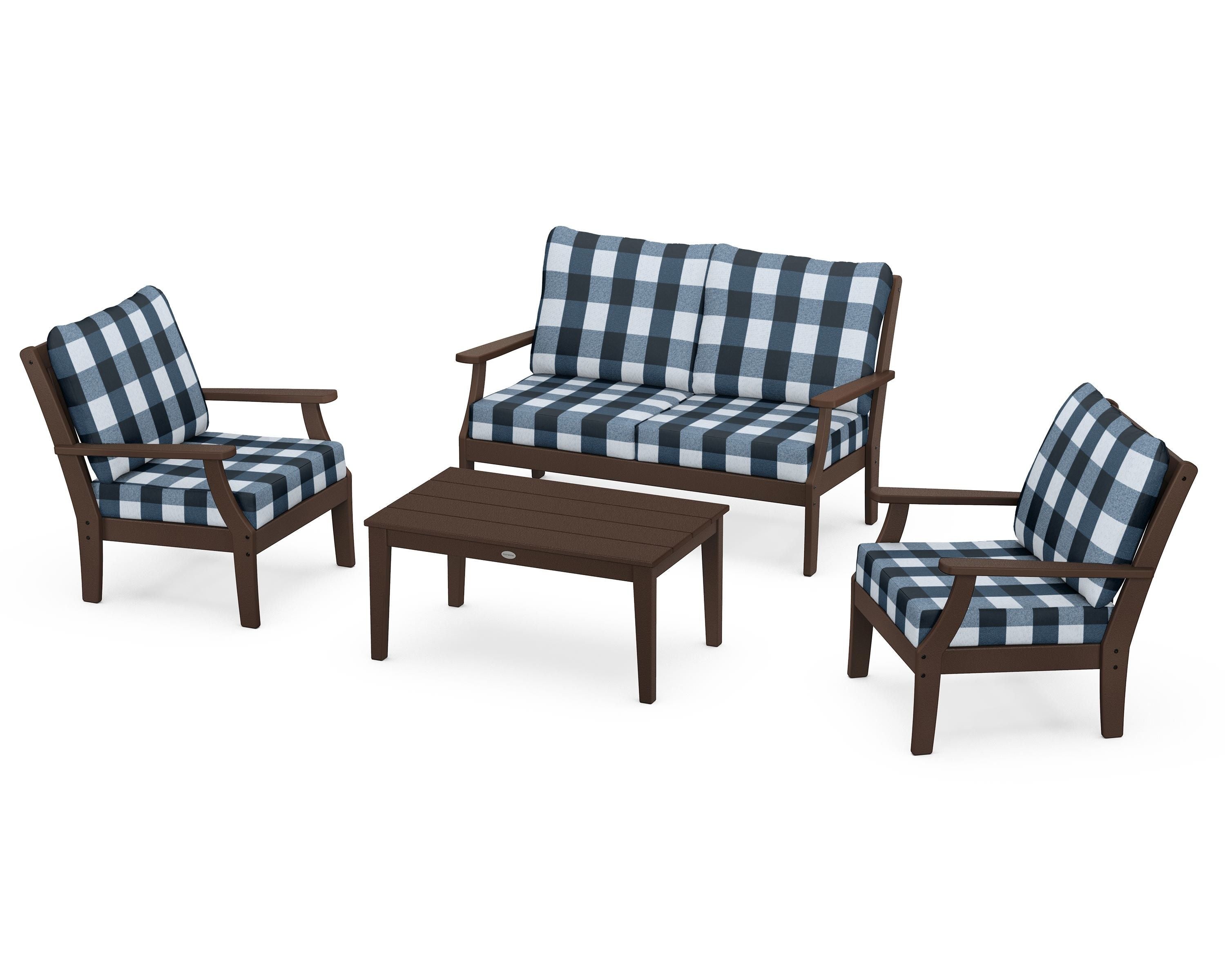 POLYWOOD® Braxton 4-Piece Deep Seating Chair Set in Mahogany / Buffalo Plaid Marine Indigo