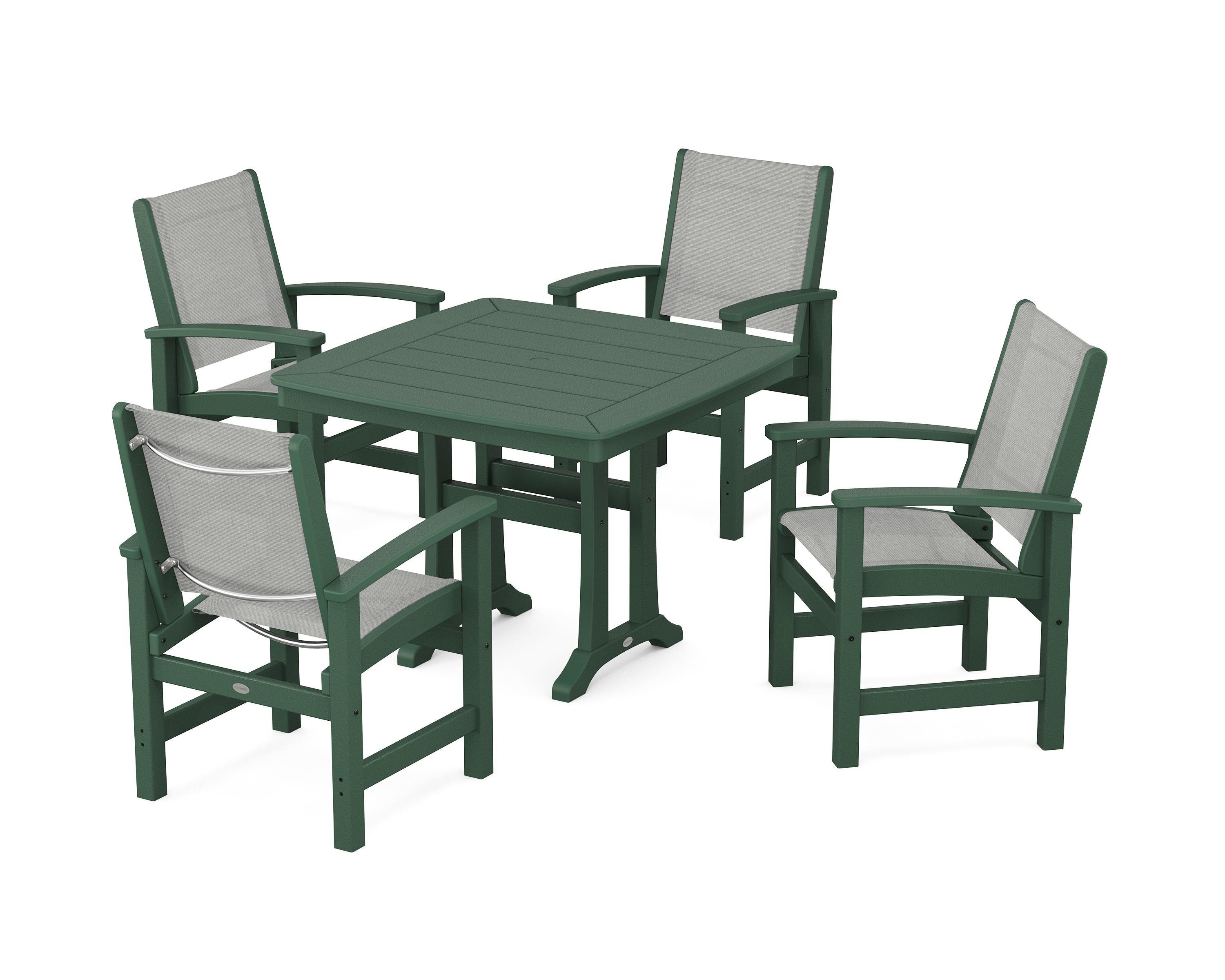 POLYWOOD® Coastal 5-Piece Dining Set with Trestle Legs in Green / Metallic Sling
