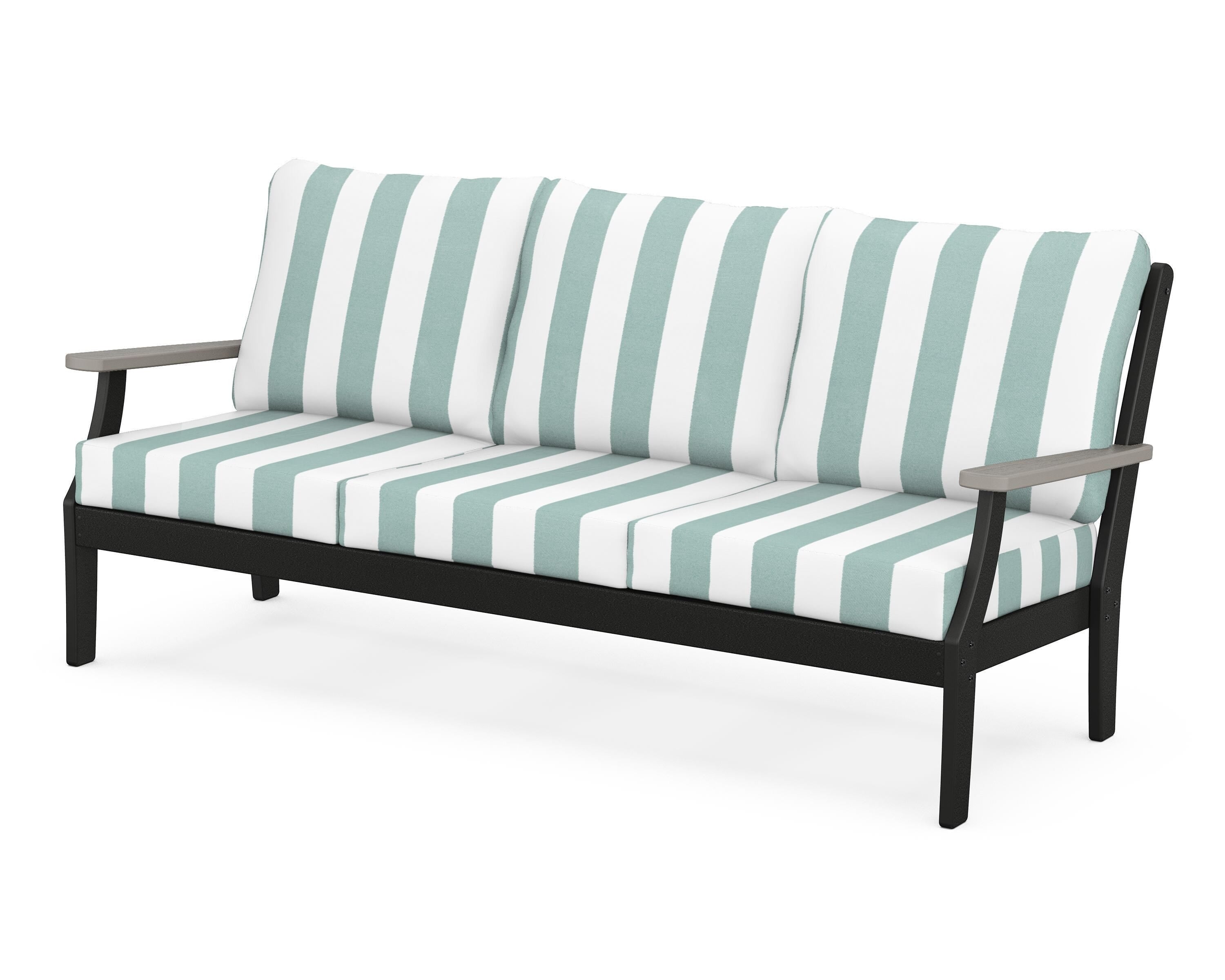 POLYWOOD® Braxton Deep Seating Sofa in Black / Driftwood / Cabana Stripe Glacier Spa