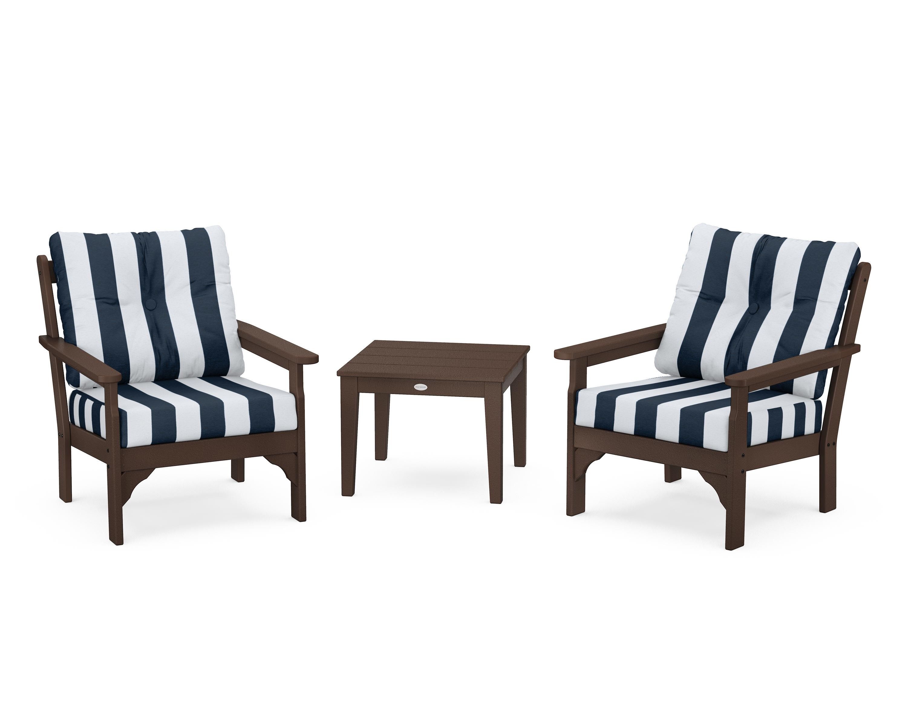 POLYWOOD® Vineyard 3-Piece Deep Seating Set in Mahogany / Cabana Stripe Marine Indigo