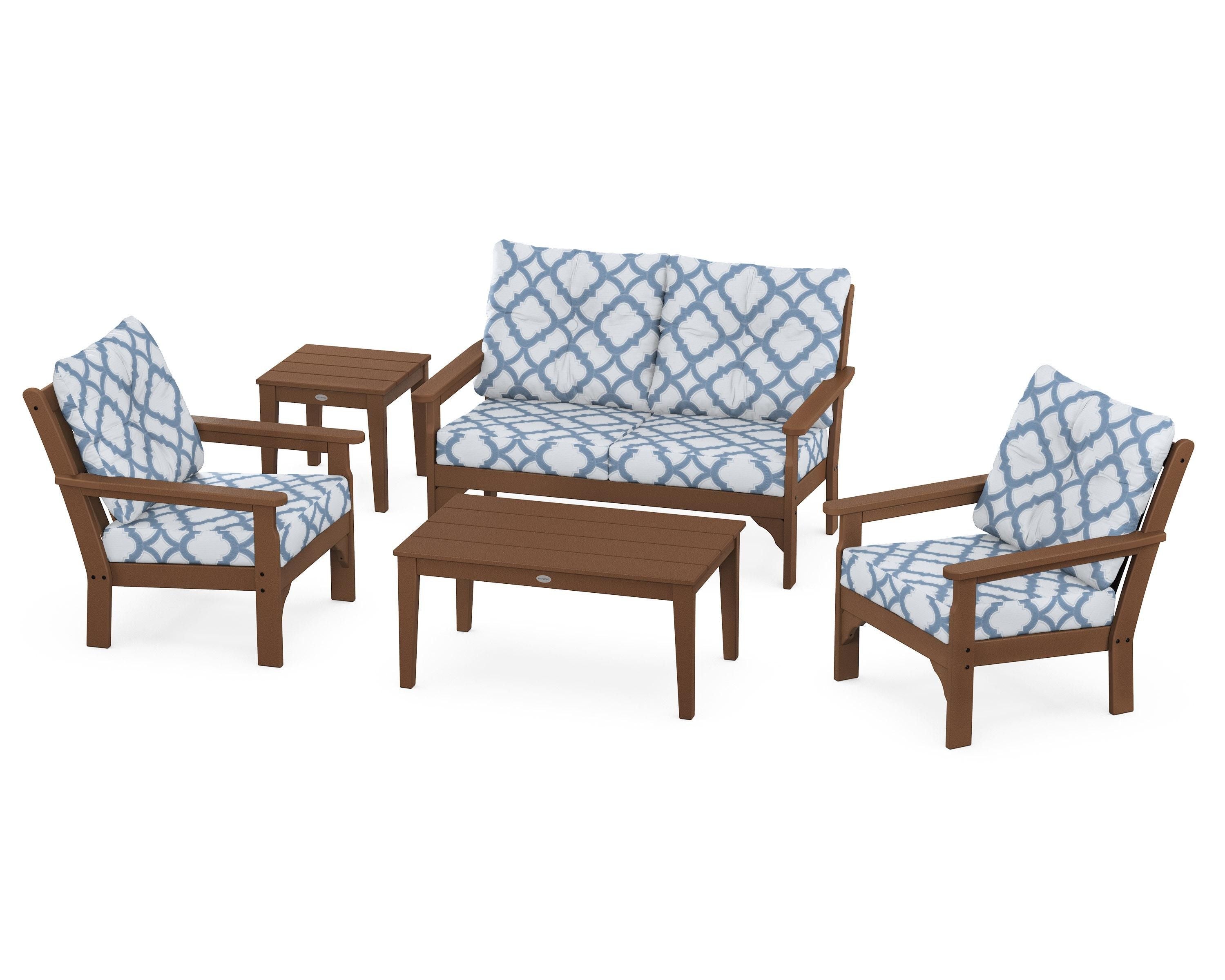 POLYWOOD® Vineyard 5-Piece Deep Seating Set in Teak / Trellis Sky Blue