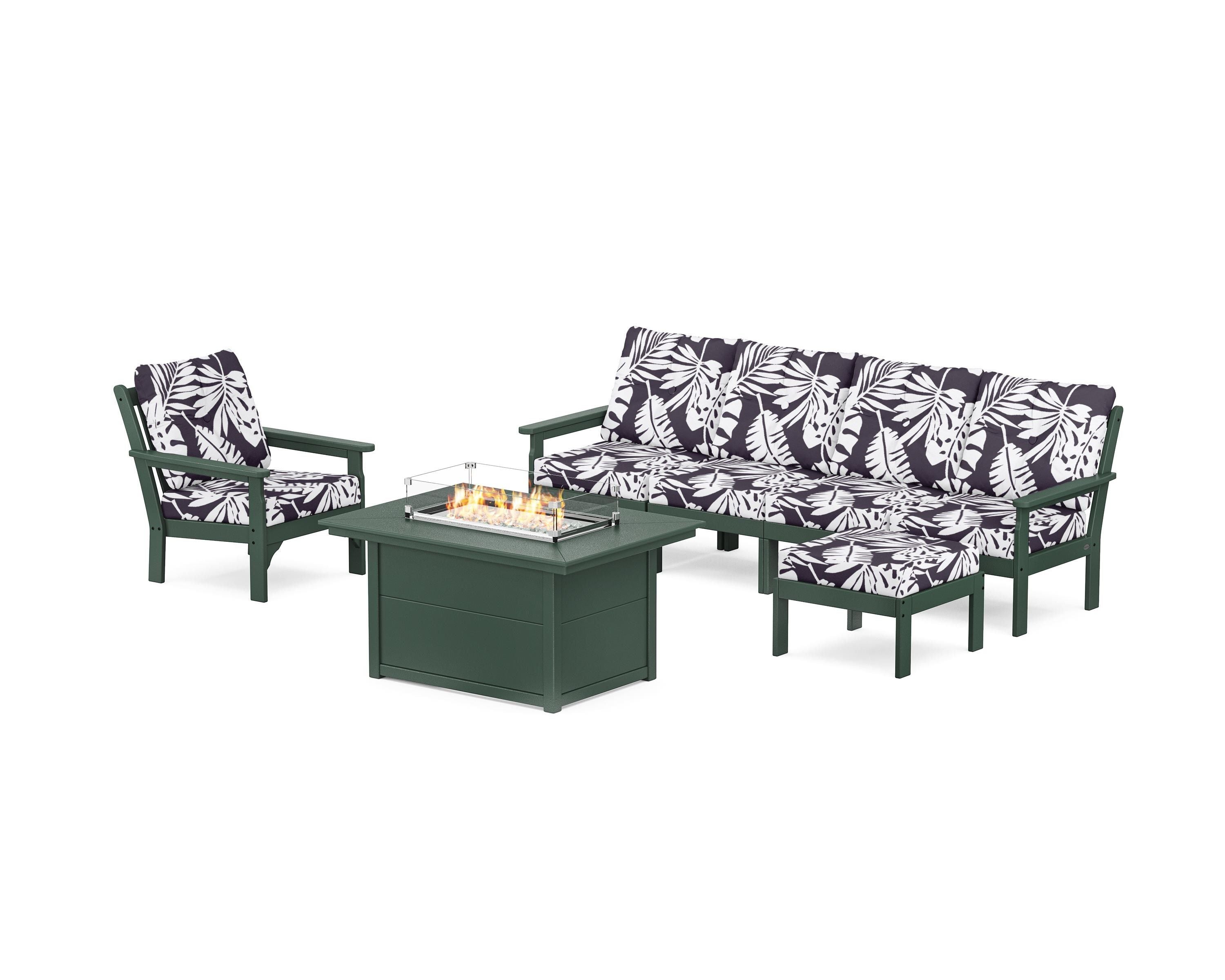 POLYWOOD® Vineyard Sectional Lounge and Fire Pit Set in Green / Leaf Navy