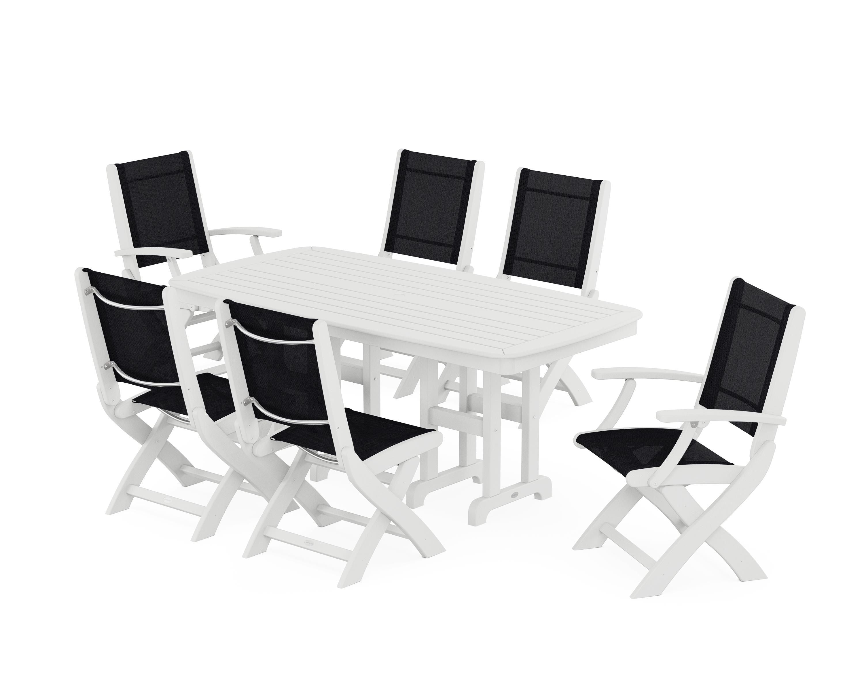 POLYWOOD® Coastal Folding Chair 7-Piece Dining Set in White / Black Sling