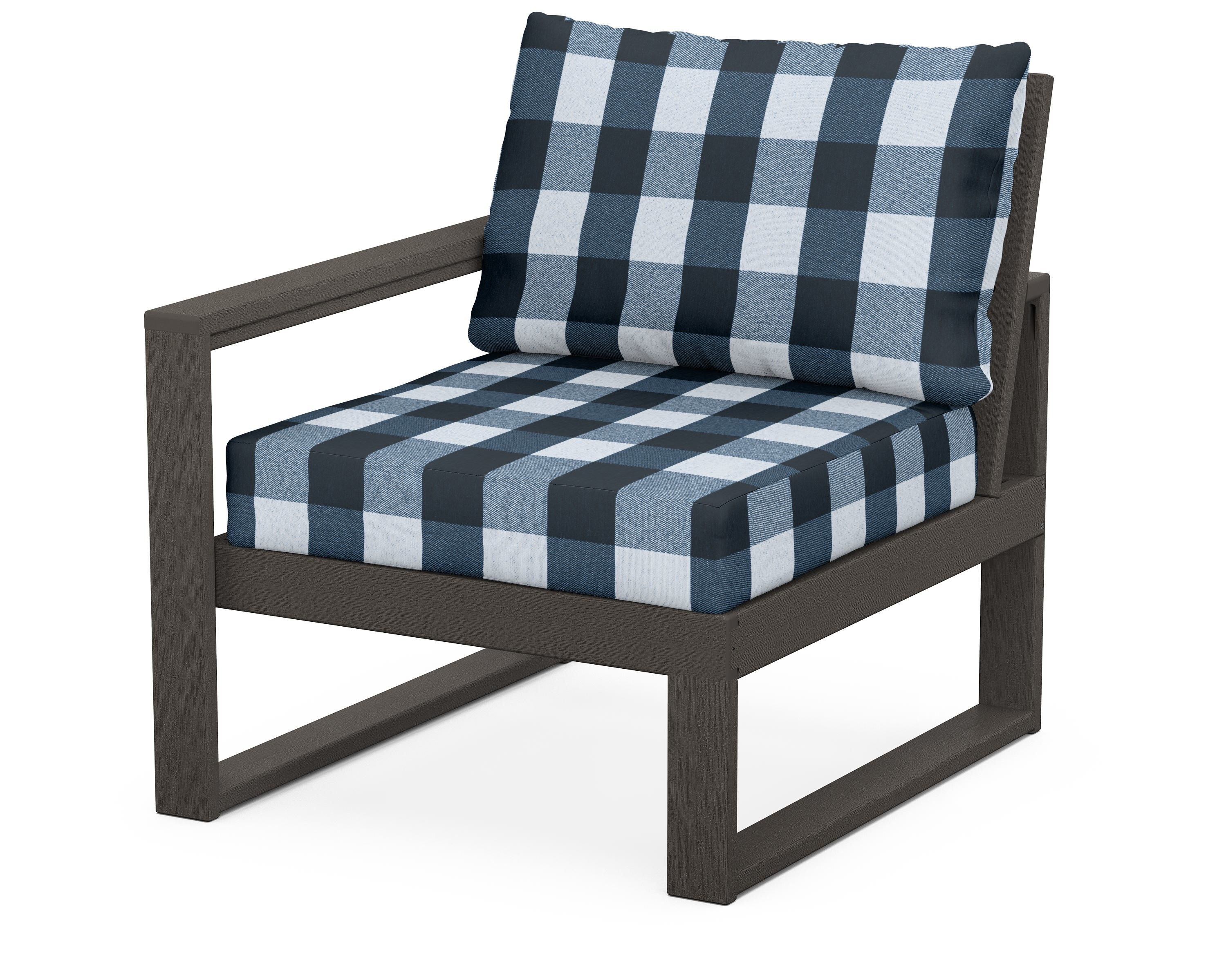 POLYWOOD® EDGE Modular Left Arm Chair in Vintage Coffee / Buffalo Plaid Marine Indigo