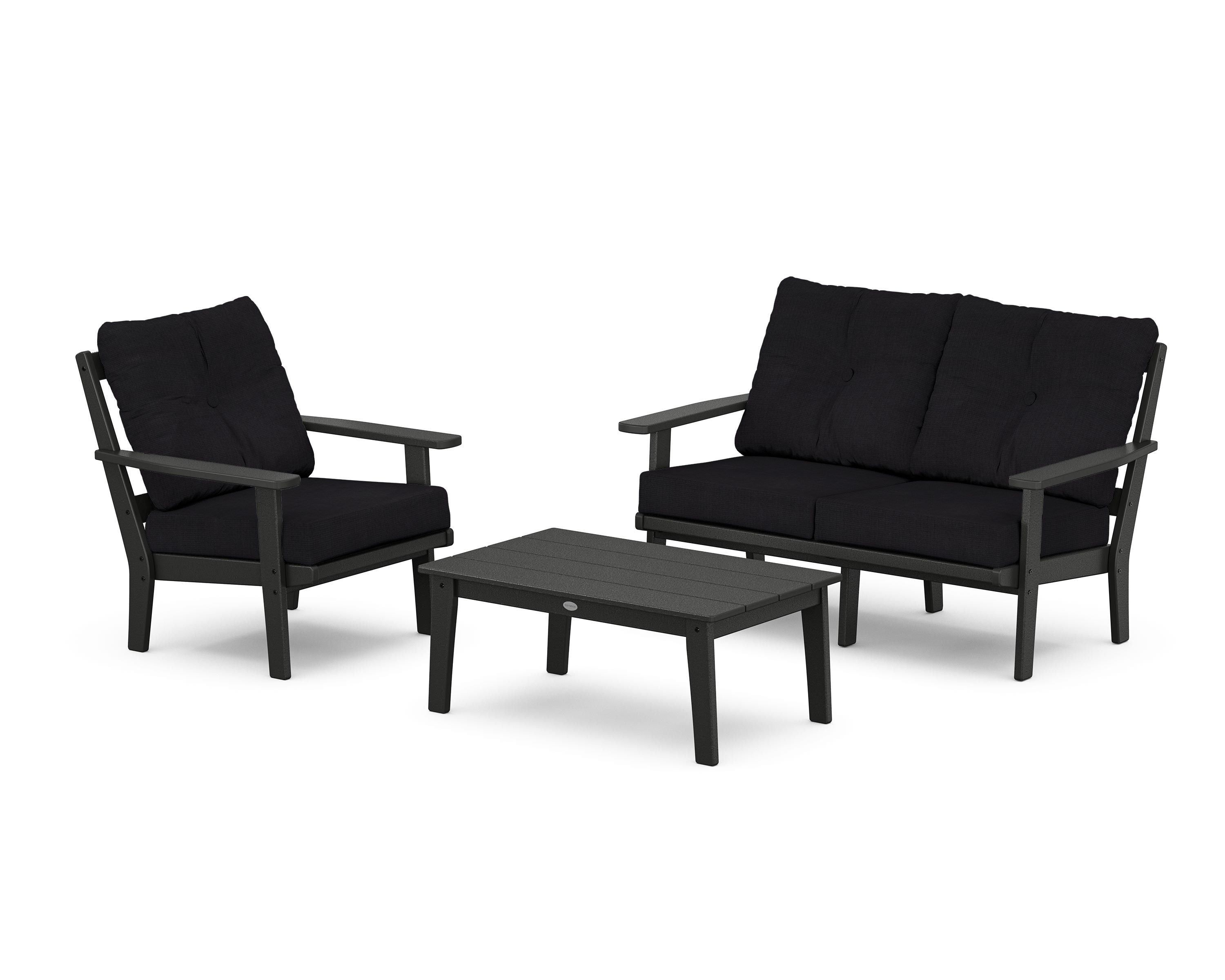 POLYWOOD® Oxford 3-Piece Deep Seating Set with Loveseat in Black / Midnight Linen
