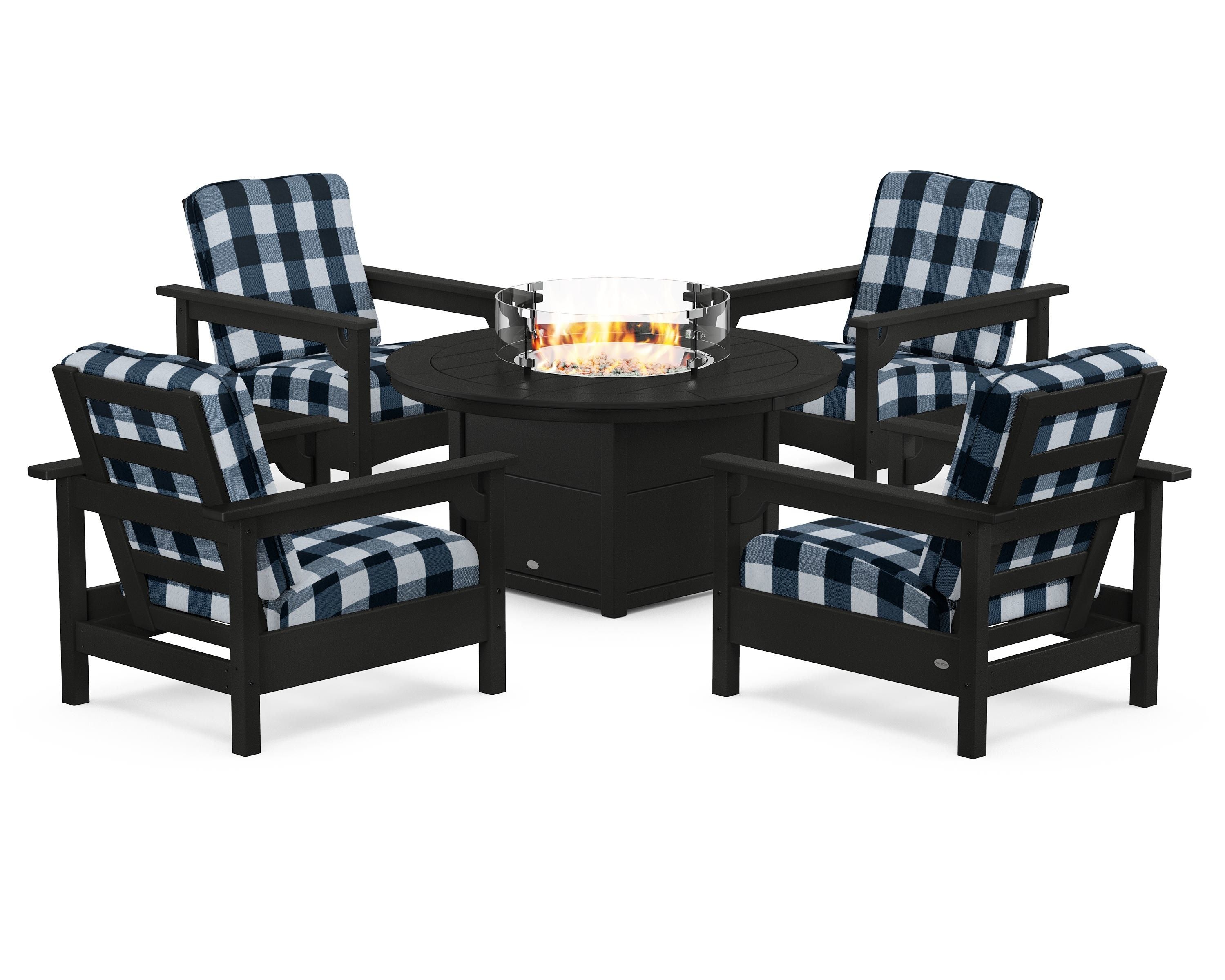 POLYWOOD® Club 5-Piece Conversation Set with Fire Pit Table in Black / Buffalo Plaid Marine Indigo