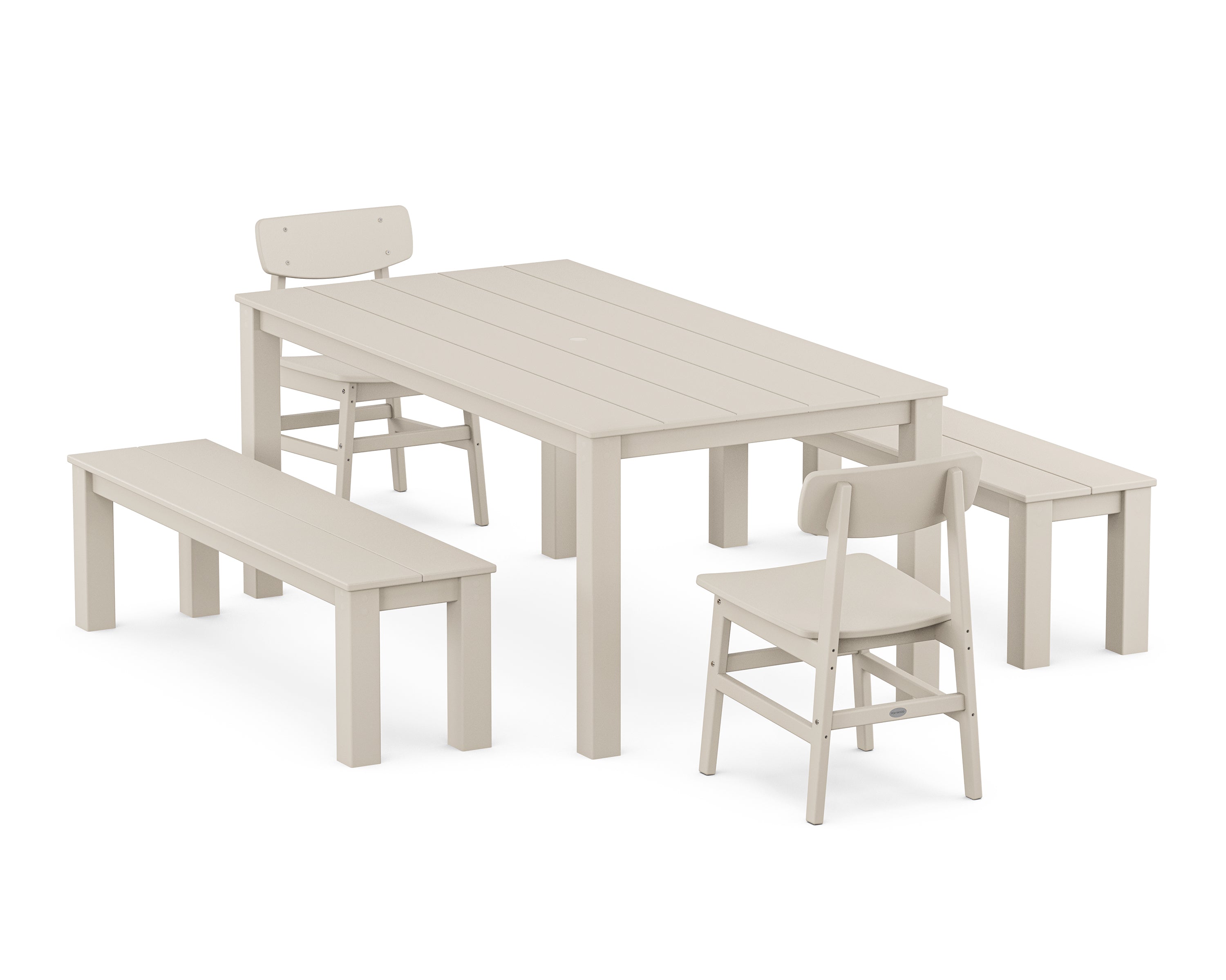 POLYWOOD® Modern Studio Urban Chair 5-Piece Parsons Dining Set with Benches in Sand