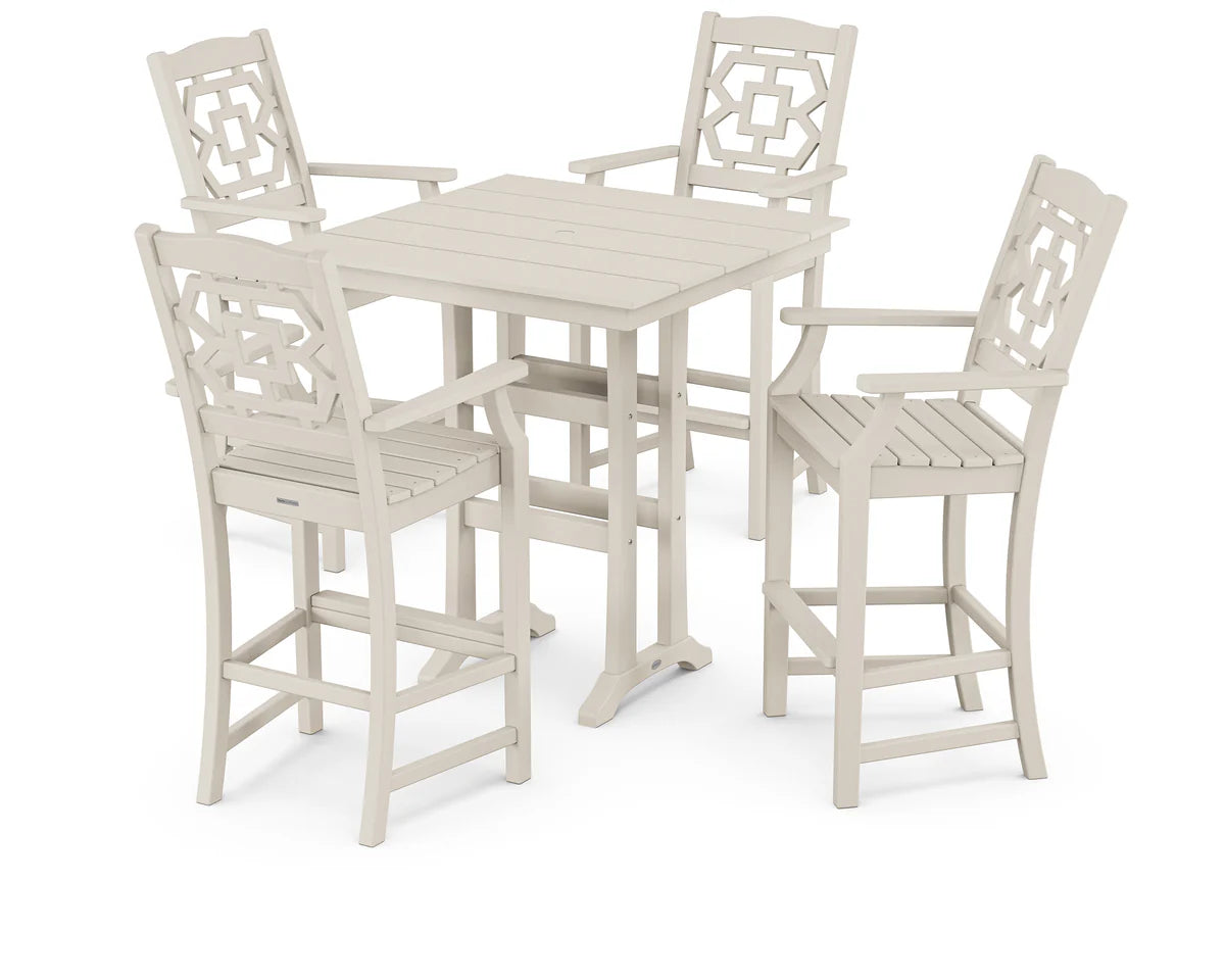 Chinoiserie 5-Piece Farmhouse Bar Set with Trestle Legs