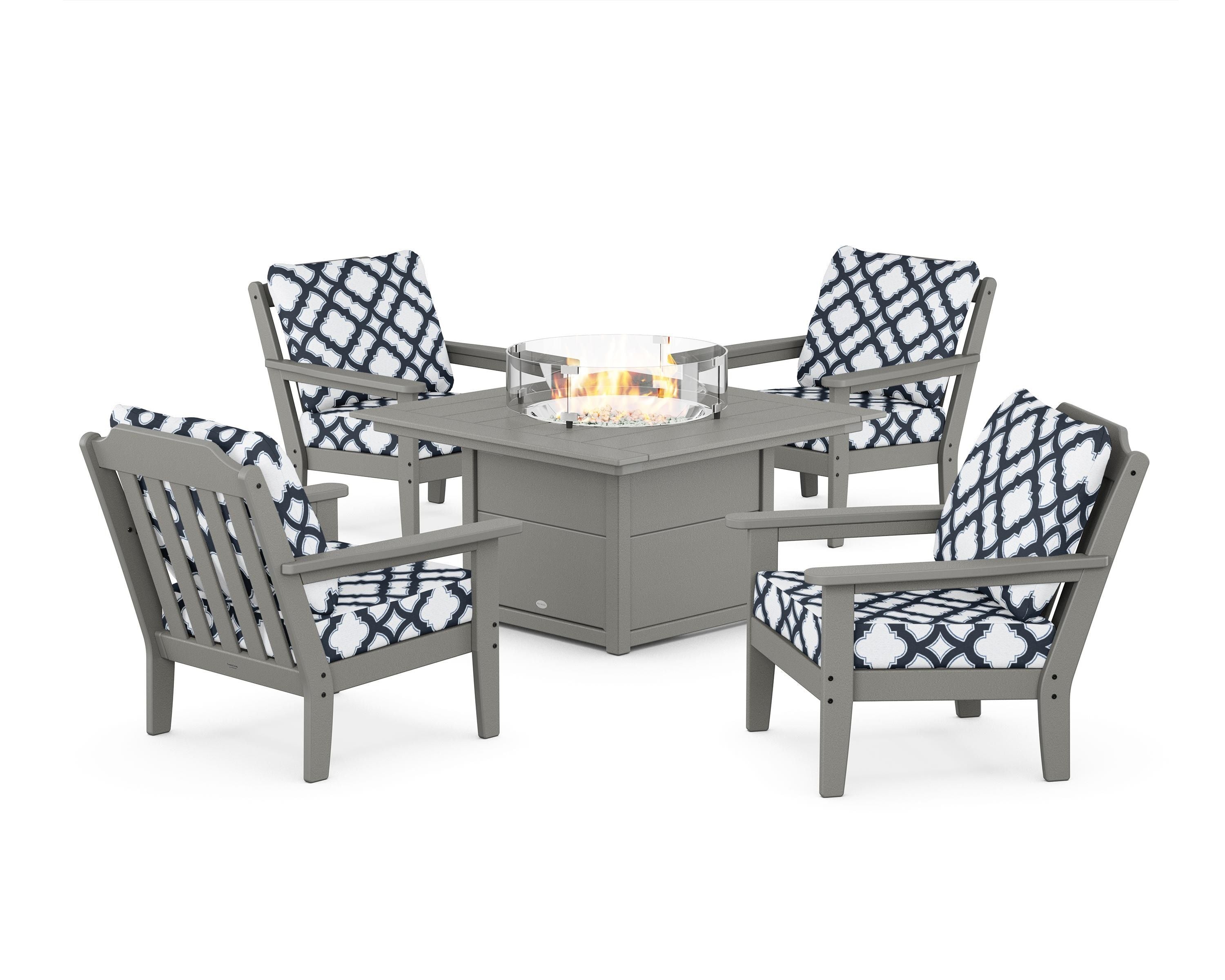 Country Living Cottage 5-Piece Deep Seating Set with Fire Pit Table in Slate Grey / Trellis Marine Indigo