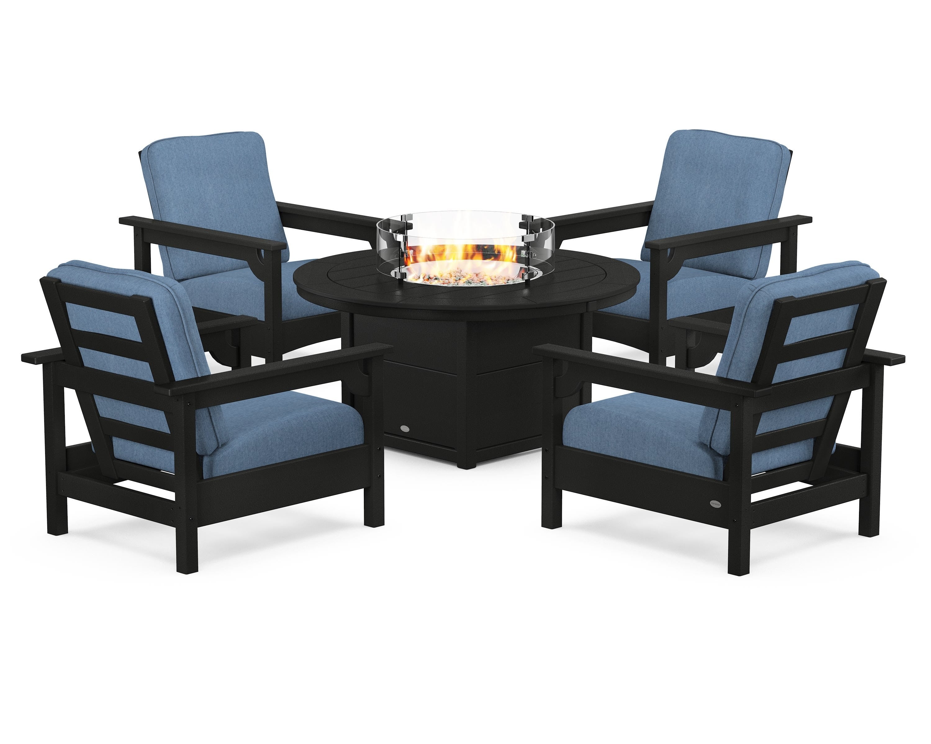 POLYWOOD® Club 5-Piece Conversation Set with Fire Pit Table in Black / Sky Blue