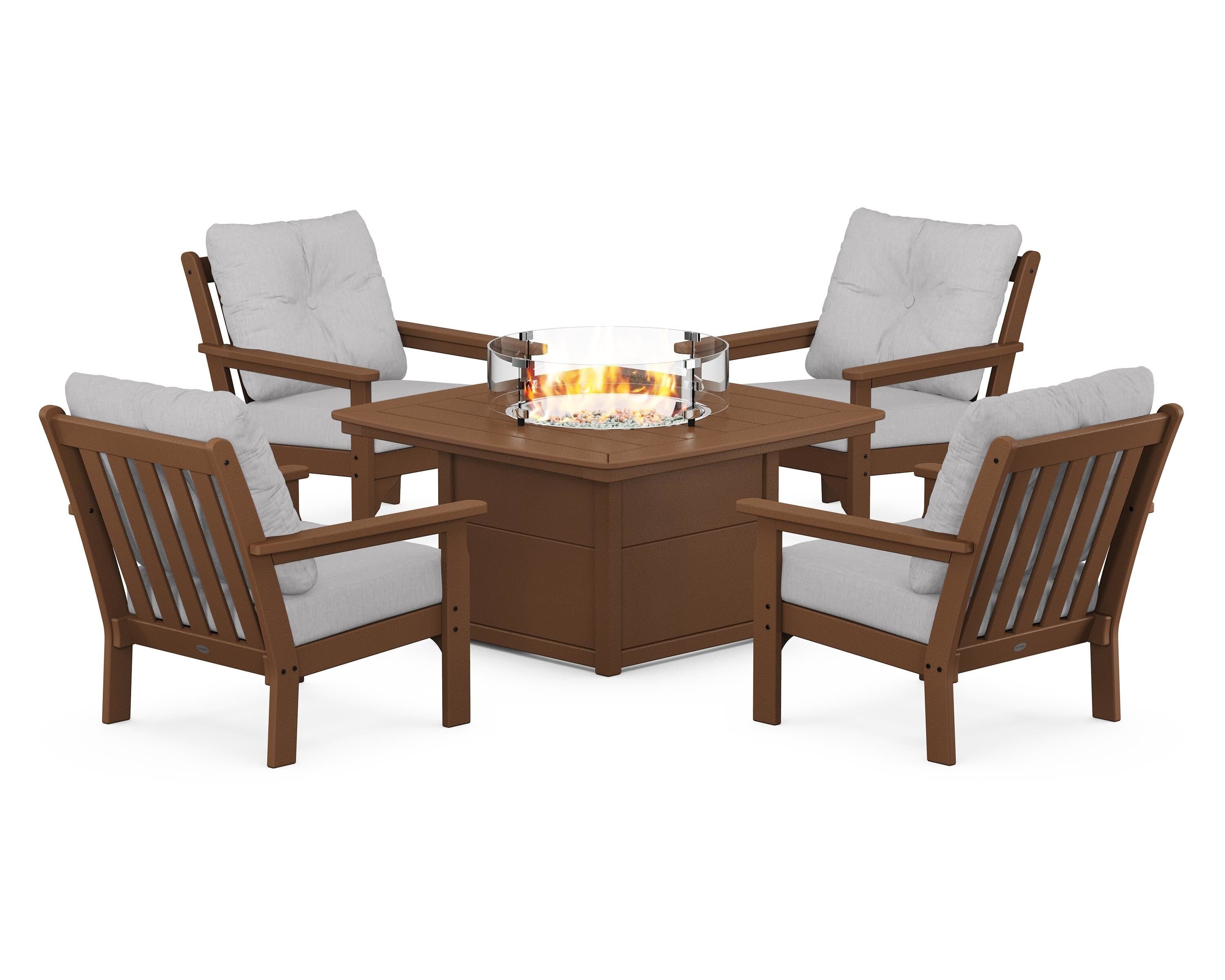 POLYWOOD® Vineyard 5-Piece Conversation Set with Fire Pit Table in Teak / Granite