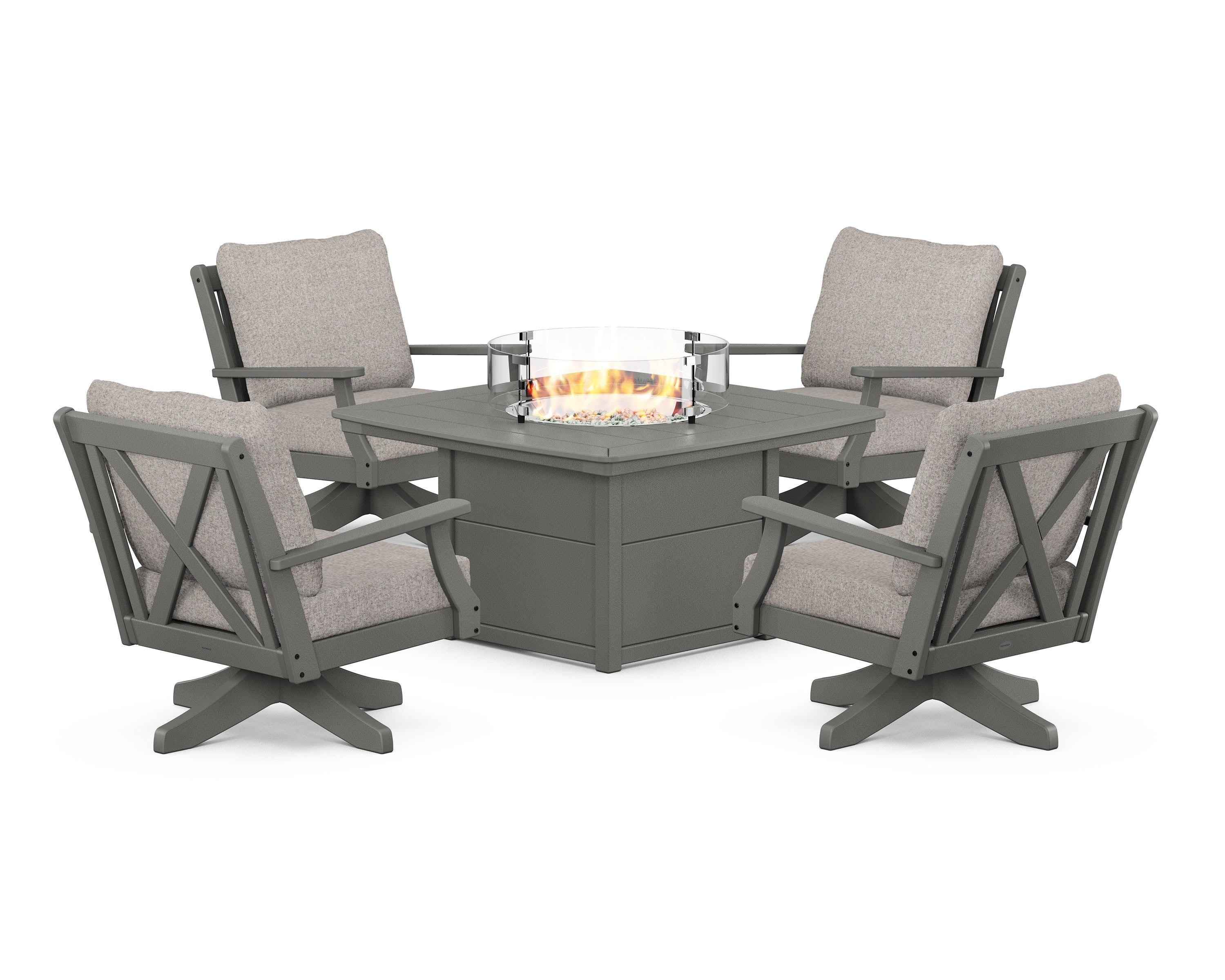 POLYWOOD® Braxton 5-Piece Deep Seating Swivel Conversation Set with Fire Pit Table in Slate Grey / Weathered Tweed