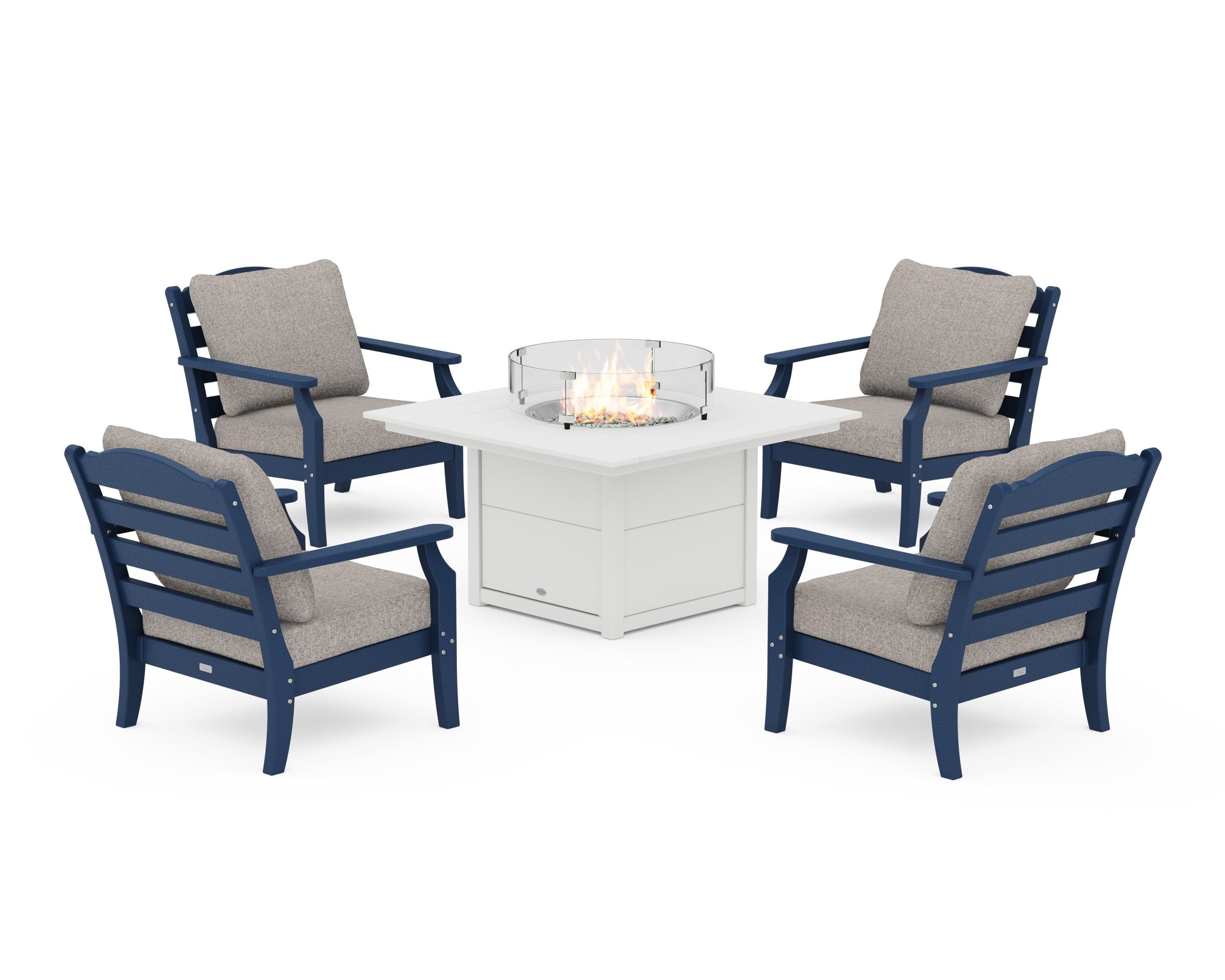 Draper James™ by POLYWOOD® Savannah 5-Piece Deep Seating Set with Fire Pit Table in Navy / Weathered Tweed