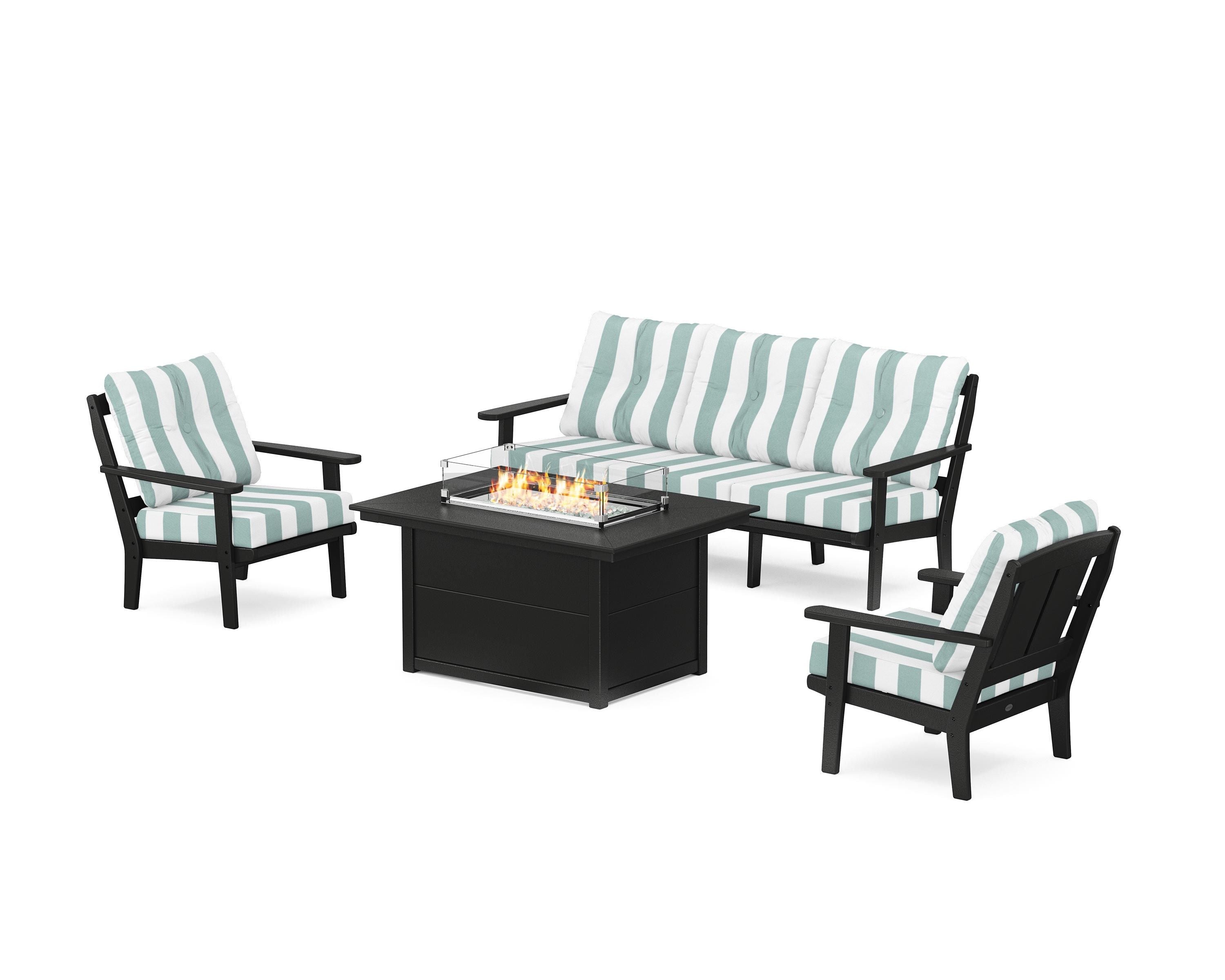 POLYWOOD® Mission Deep Seating Fire Pit Table Set in Black / Cabana Stripe Glacier Spa