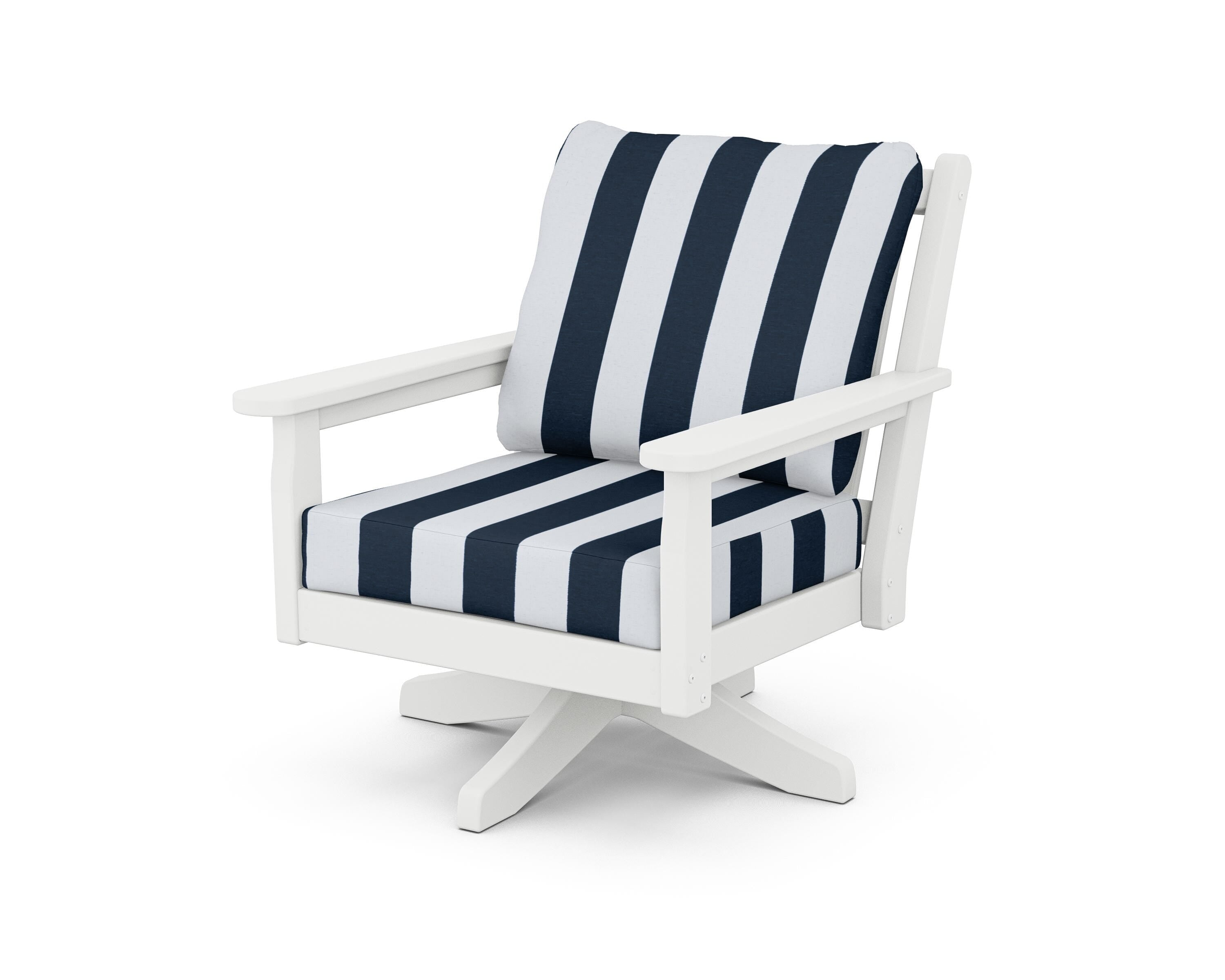 POLYWOOD® Chippendale Deep Seating Swivel Chair in White / Cabana Stripe Marine Indigo