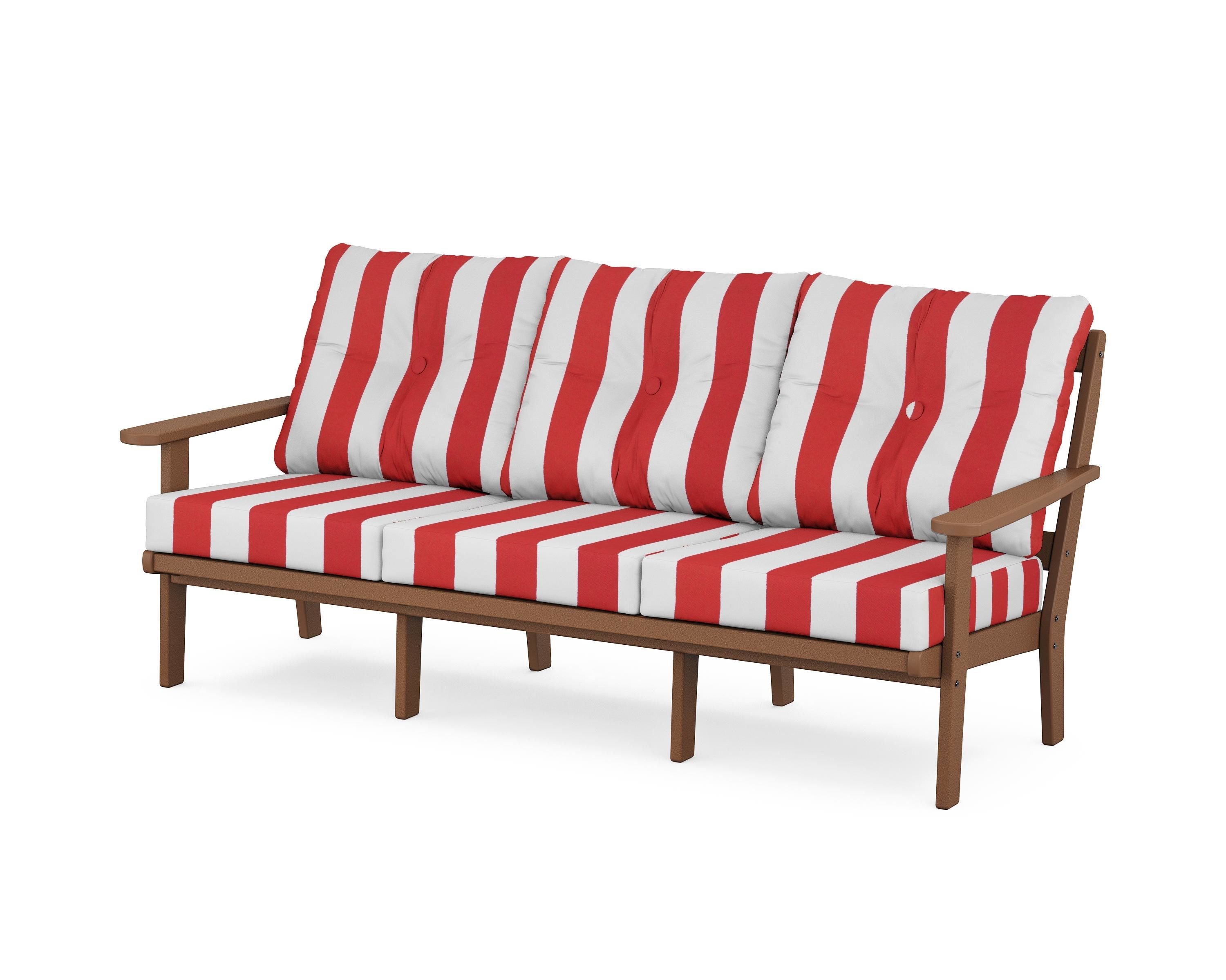 POLYWOOD® Mission Deep Seating Sofa in Teak / Cabana Stripe Crimson