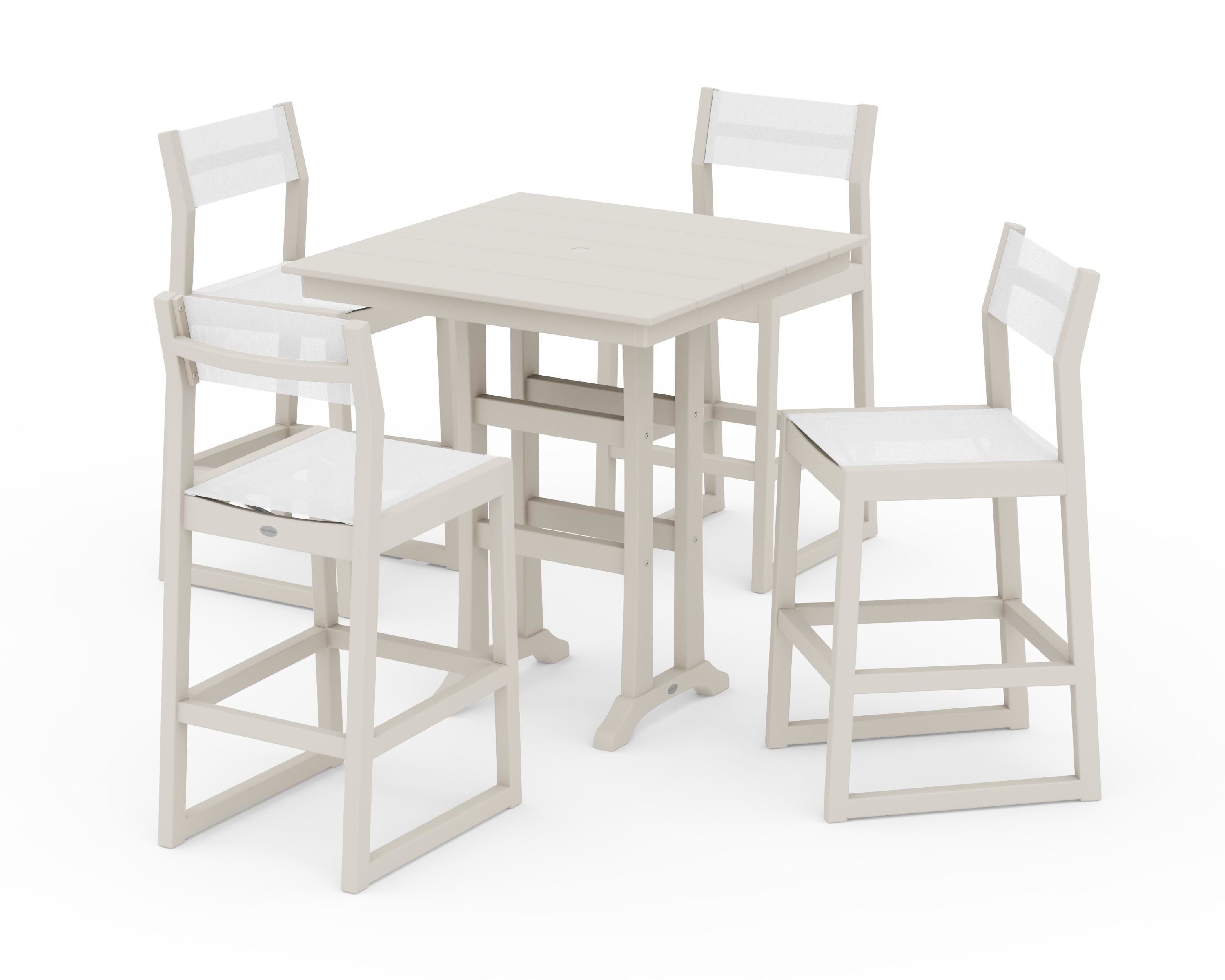 POLYWOOD® EDGE Sling Arm Chair 5-Piece Farmhouse Bar Set with Trestle Legs in Sand / White Sling