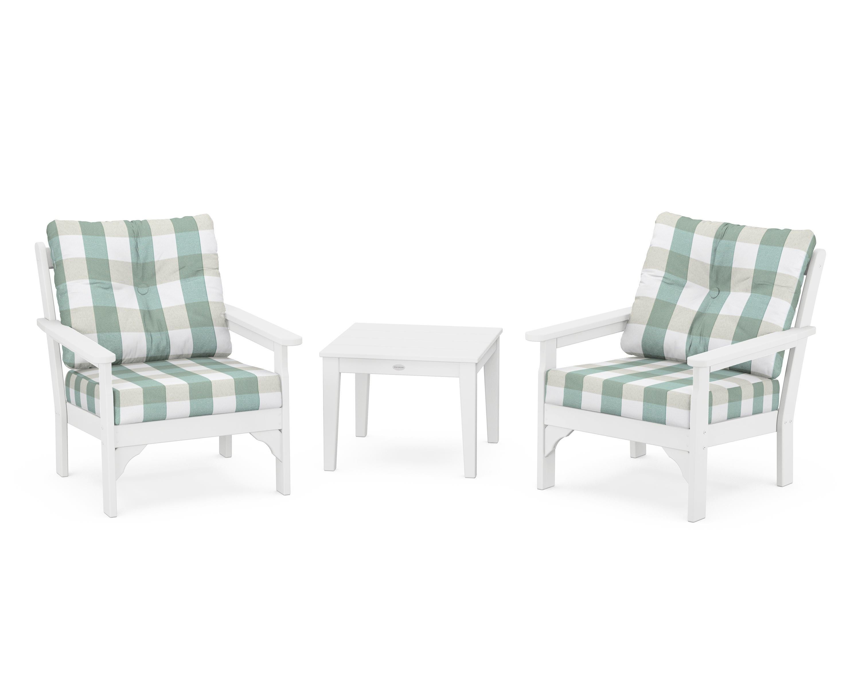 POLYWOOD® Vineyard 3-Piece Deep Seating Set in White / Buffalo Plaid Glacier Spa