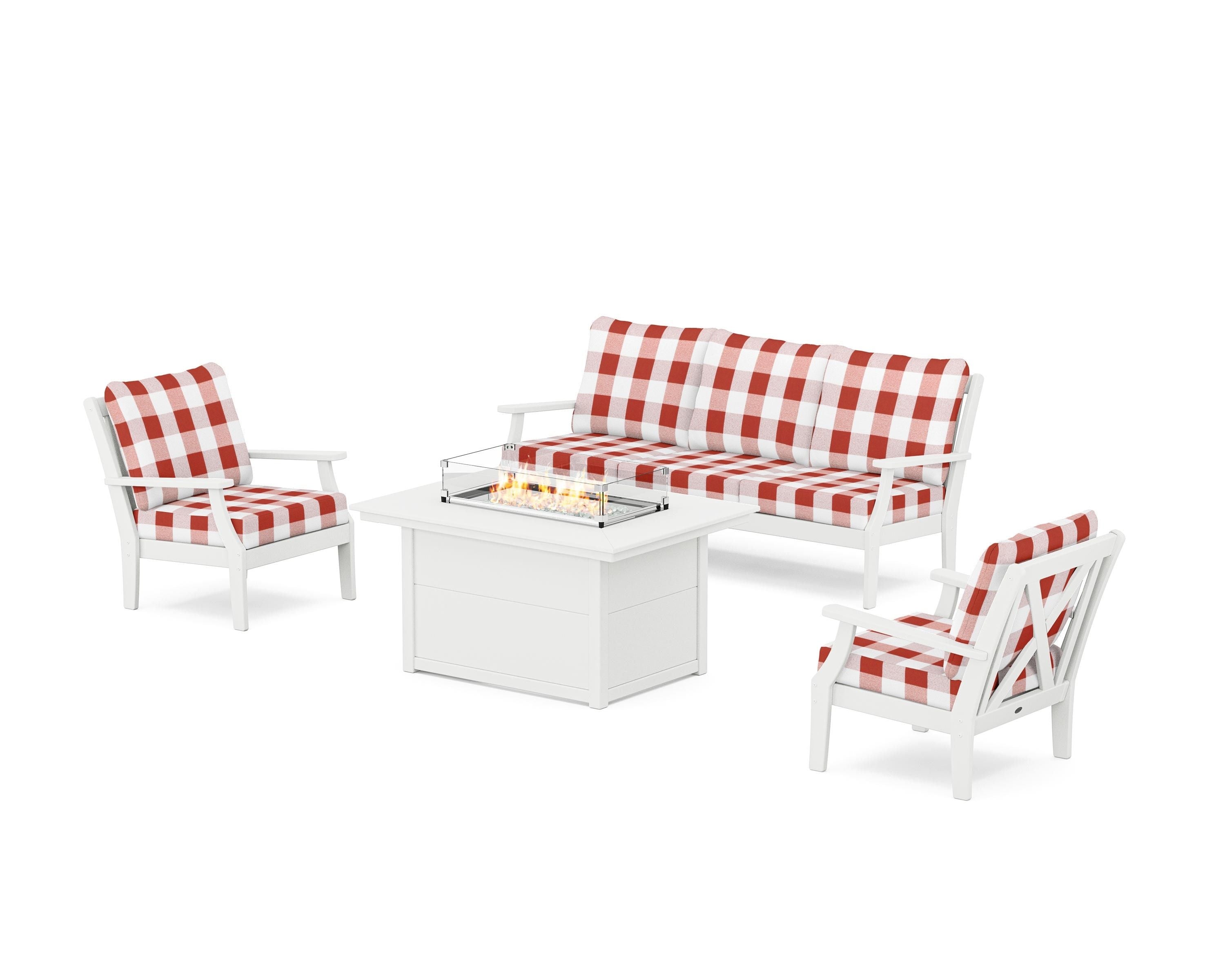 POLYWOOD® Braxton Deep Seating Fire Pit Table Set in White / Buffalo Plaid Crimson