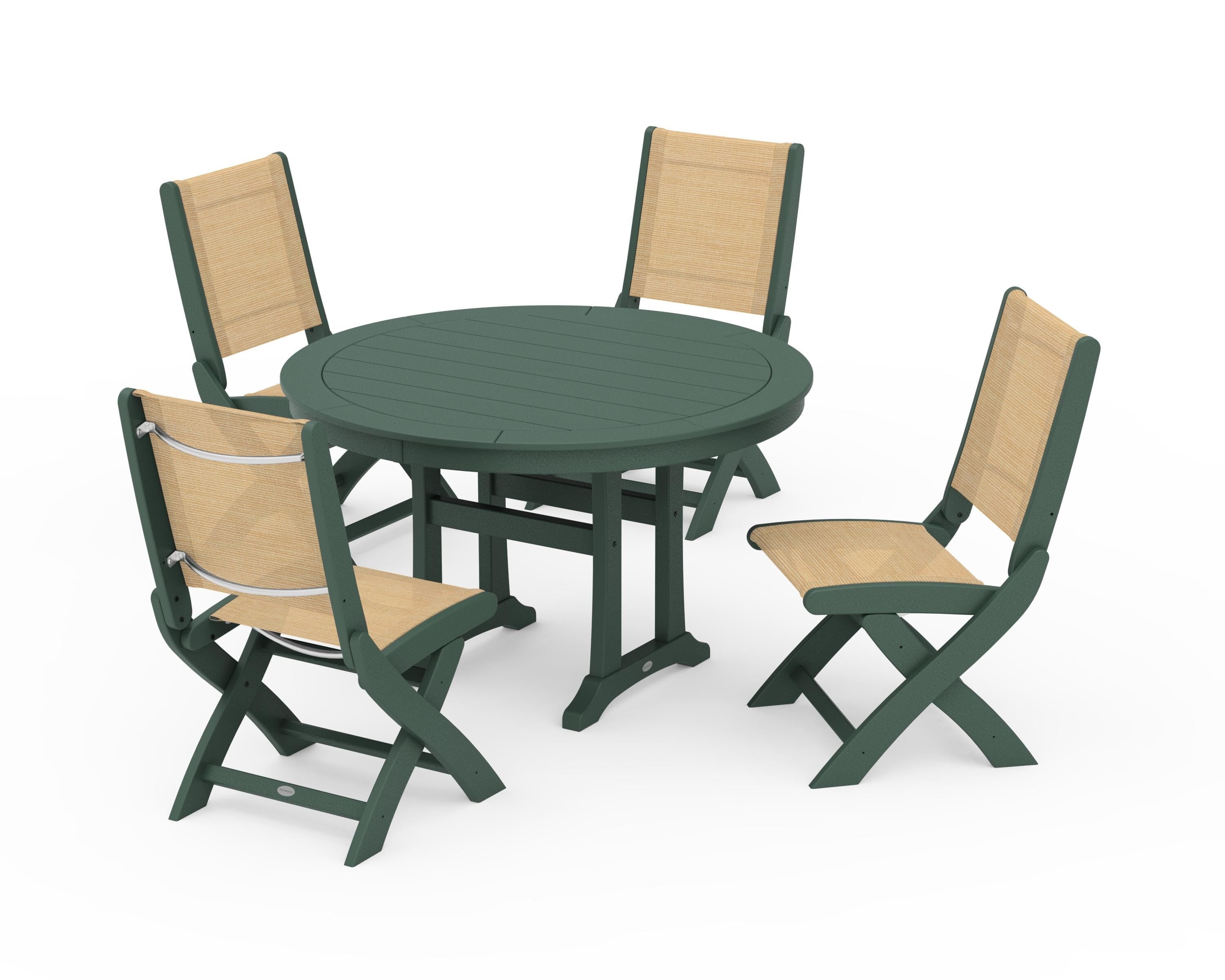 POLYWOOD® Coastal Folding Side Chair 5-Piece Round Dining Set With Trestle Legs in Green / Dupioni Apricot Sling