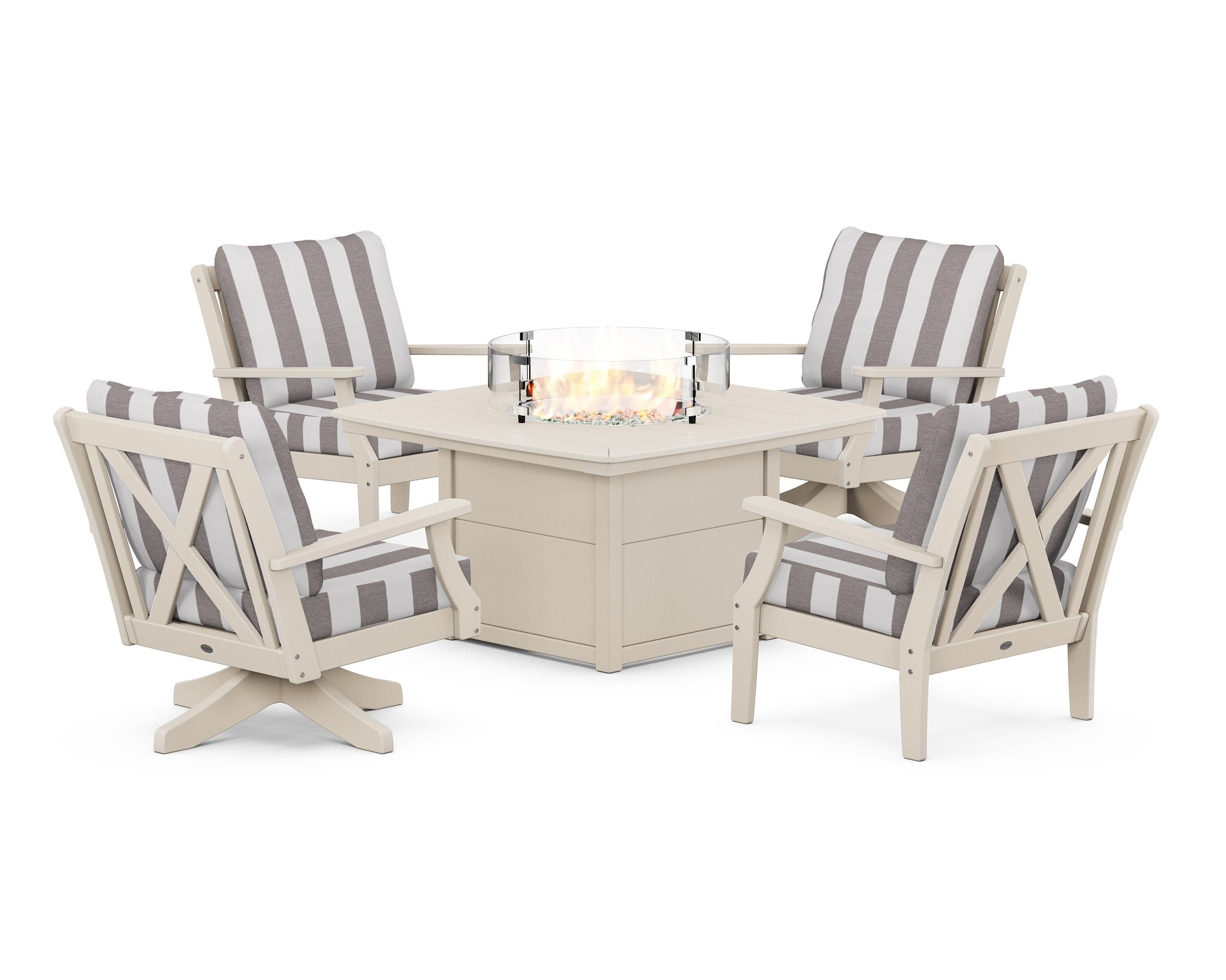 POLYWOOD® Braxton 5-Piece Deep Seating Set with Fire Table in Sand / Cabana Stripe Grey Mist
