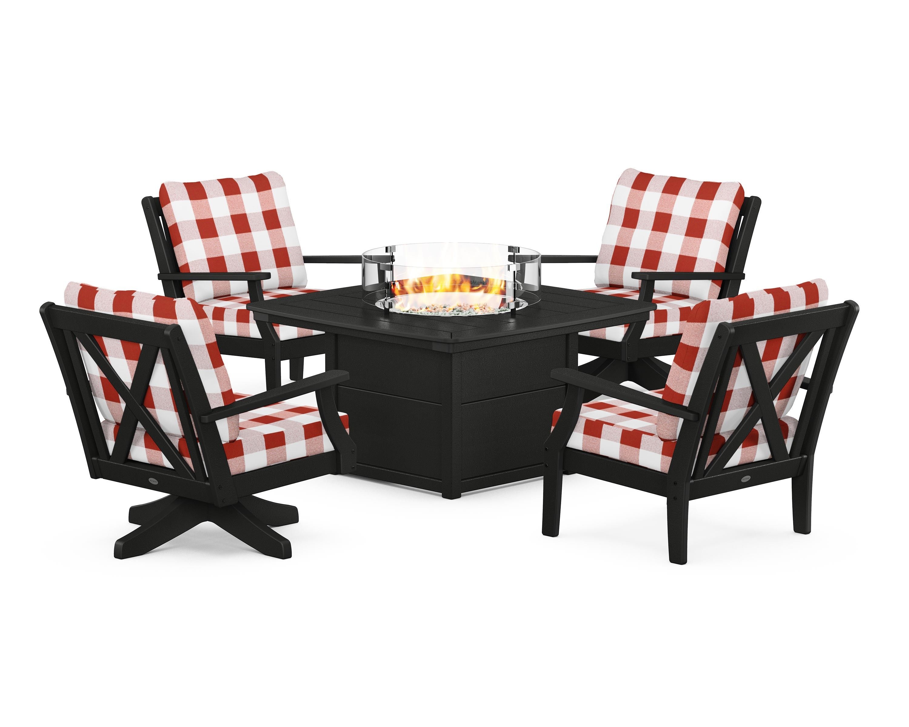 POLYWOOD® Braxton 5-Piece Deep Seating Set with Fire Table in Black / Buffalo Plaid Crimson