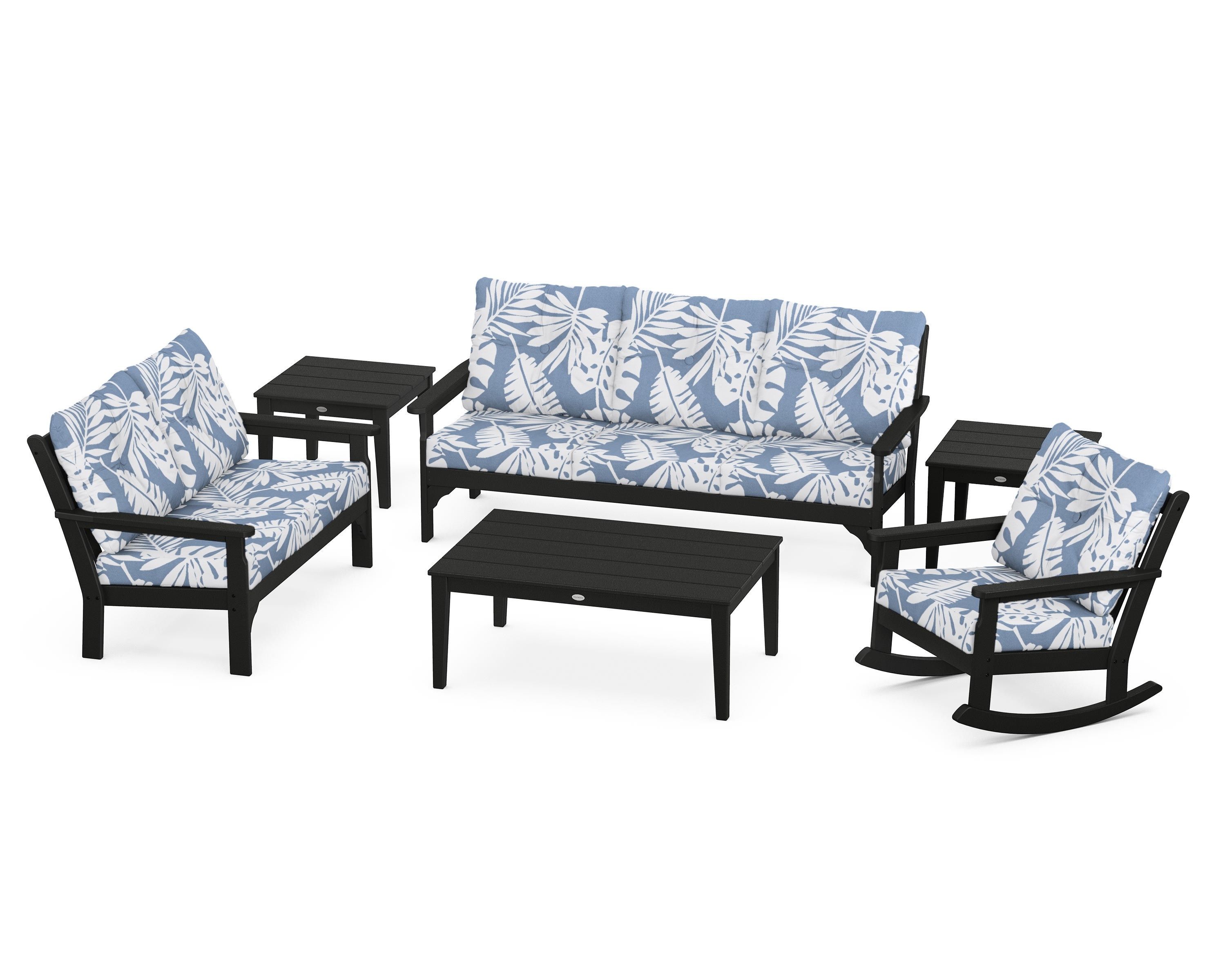 POLYWOOD® Vineyard 6-Piece Deep Seating Set in Black / Leaf Sky Blue