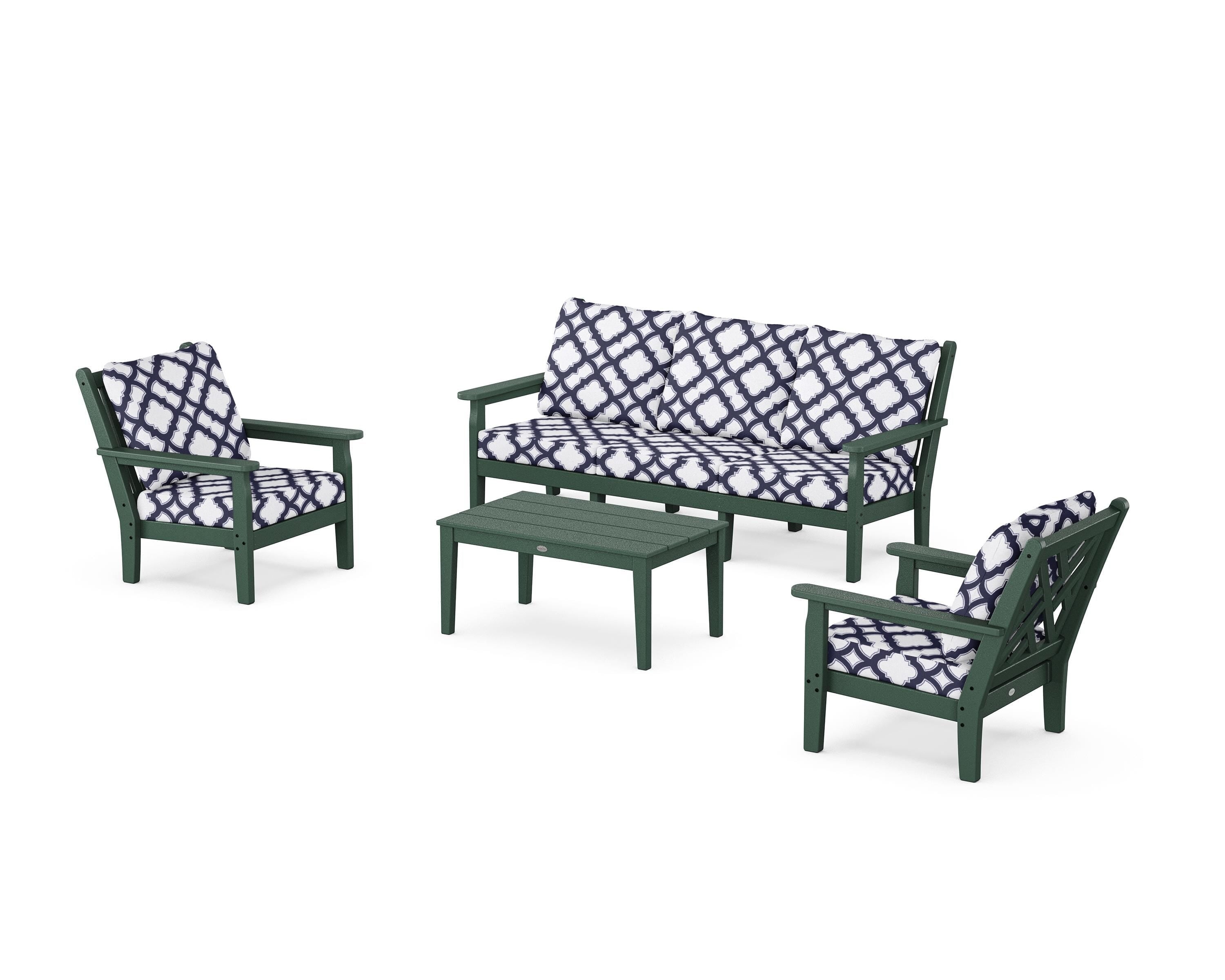 POLYWOOD® Chippendale 4-Piece Deep Seating Set with Sofa in Green / Trellis Navy