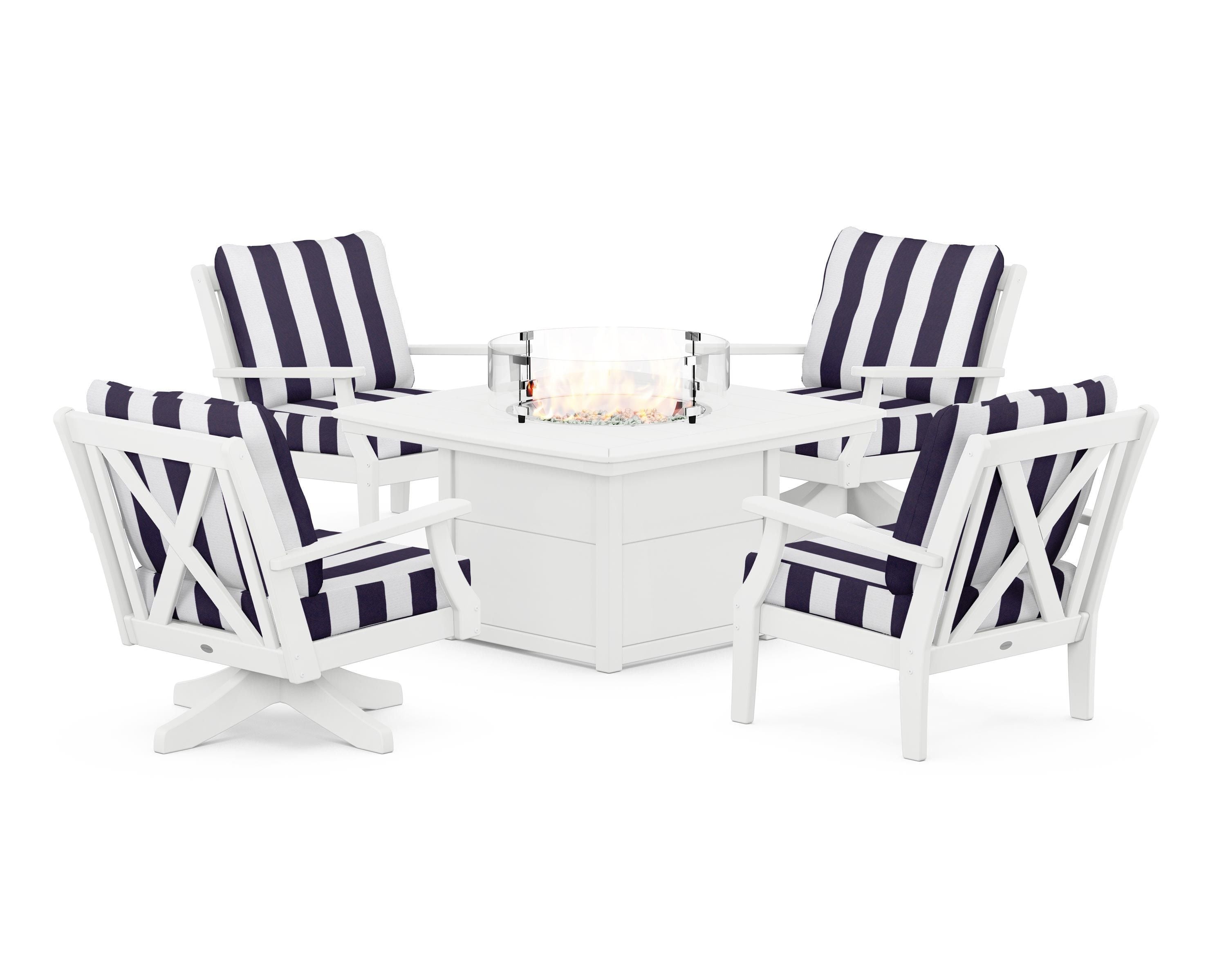 POLYWOOD® Braxton 5-Piece Deep Seating Set with Fire Table in White / Cabana Stripe Navy