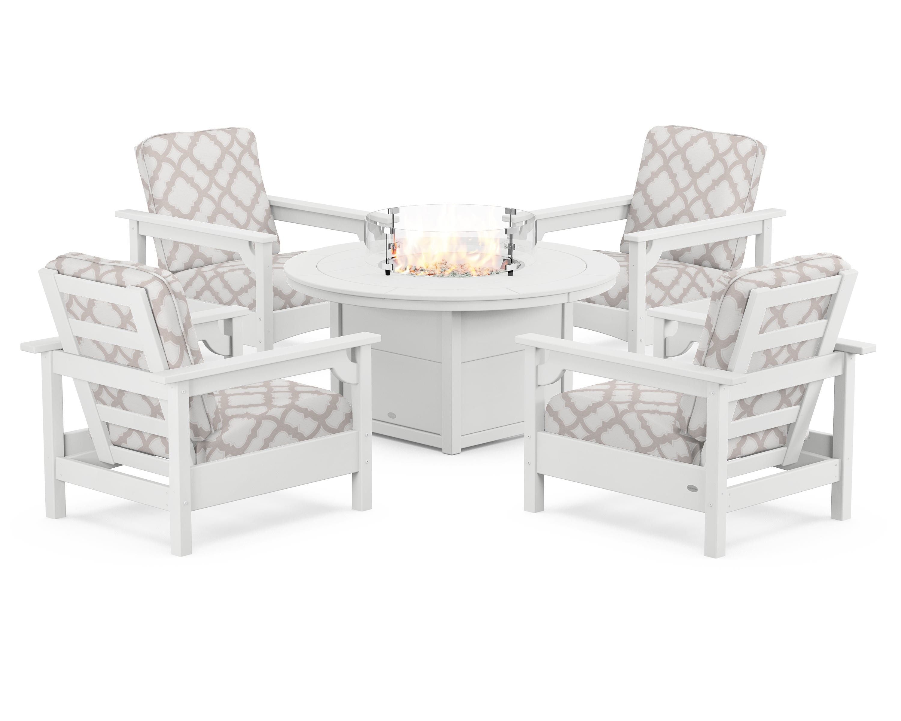 POLYWOOD® Club 5-Piece Conversation Set with Fire Pit Table in White / Trellis Dune Burlap
